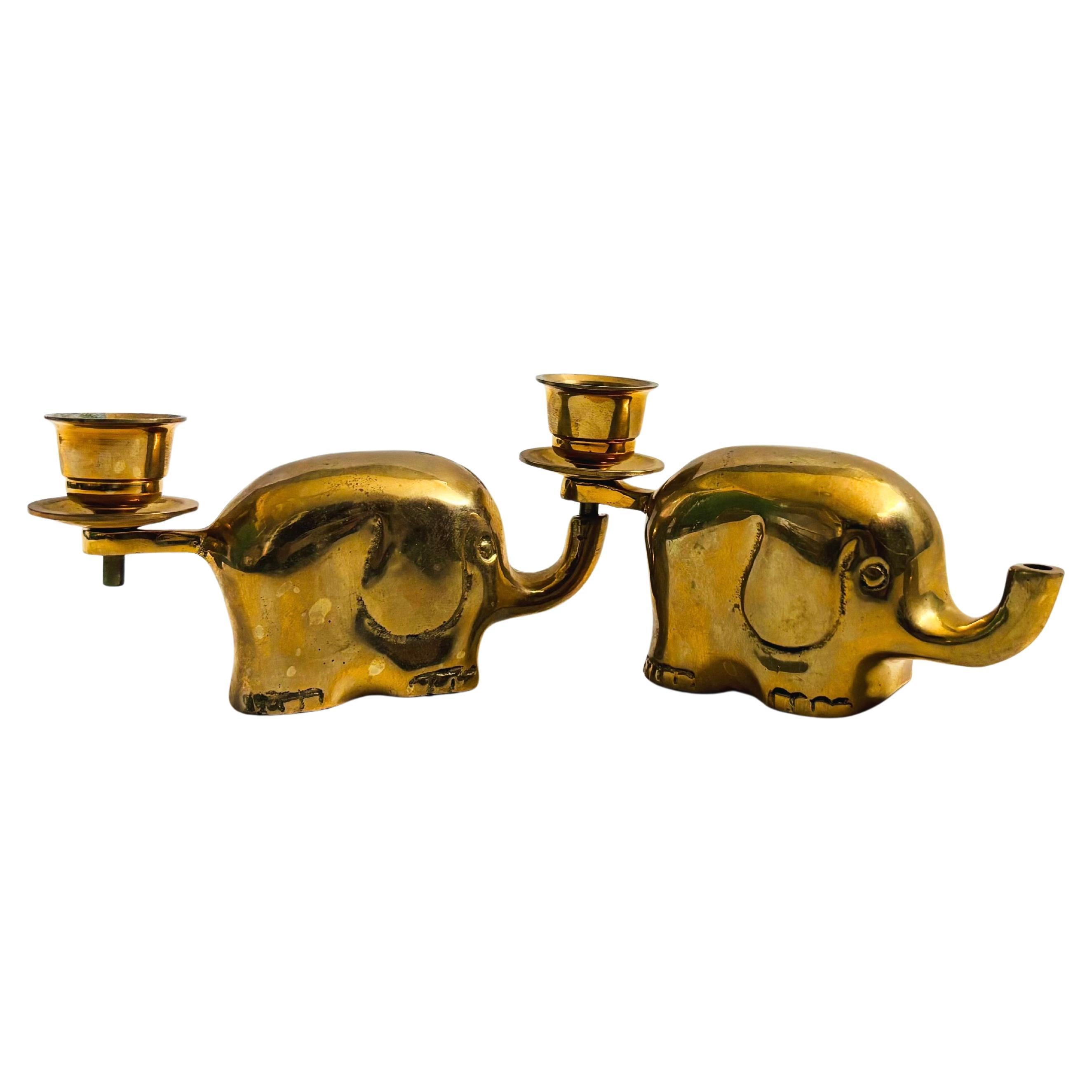 Mid Century Brass Elephant Candle Holders - Set of 2 For Sale