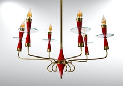 Mid-Century Brass Enamel & Glass 6 Arms Chandelier Fontana Arte Attr.