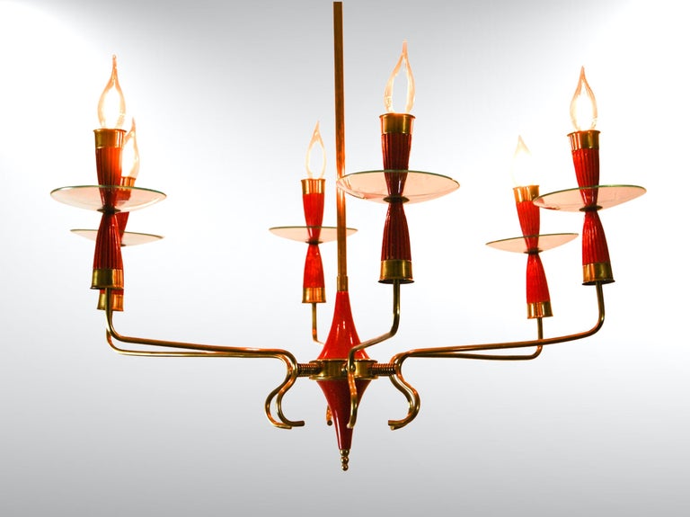 MidCentury Brass Enamel and Glass 6 Arms Chandelier Fontana Arte Attr