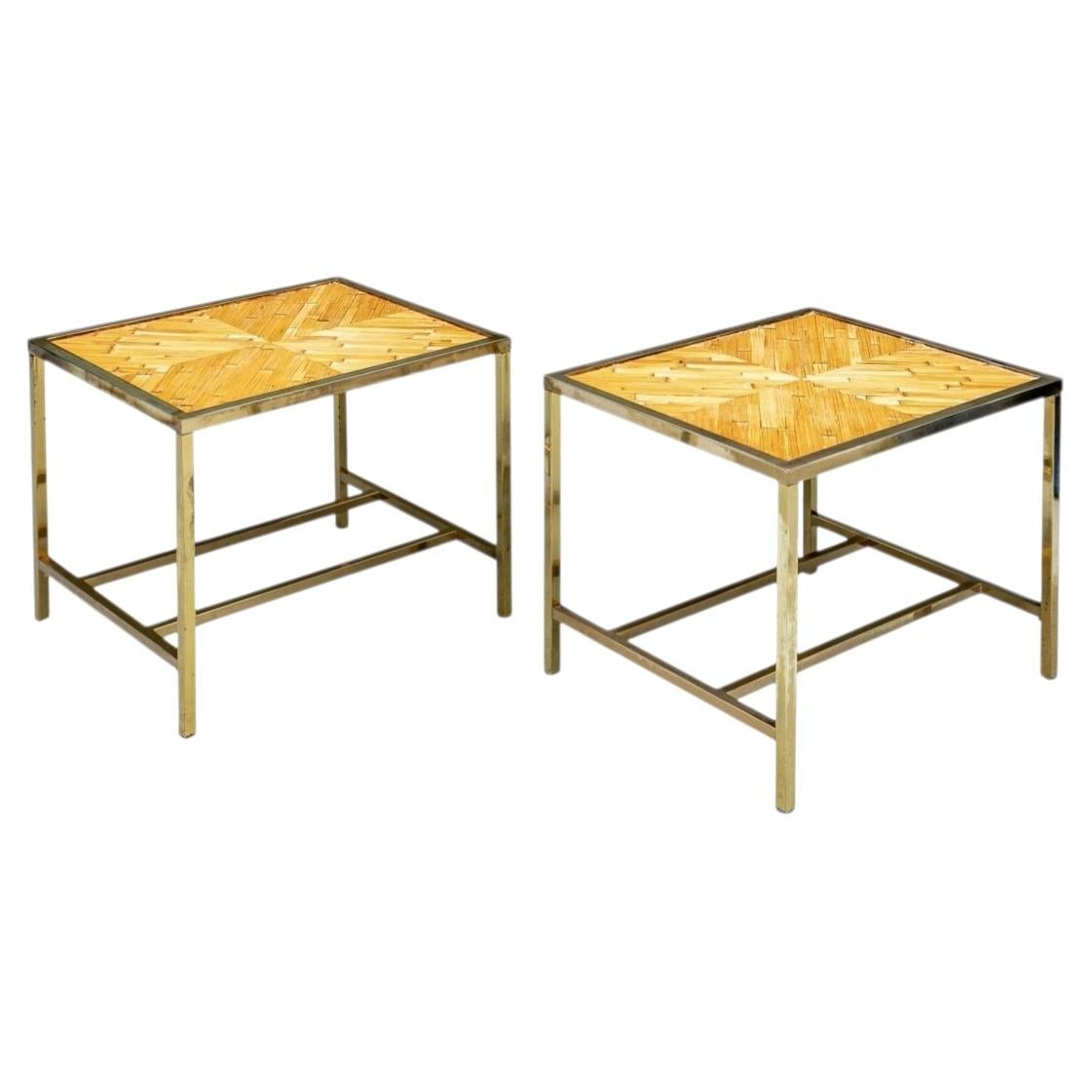 Mid Century Brass End Table Pair with Geometric Bamboo Top For Sale