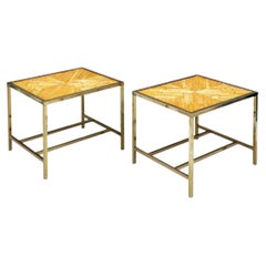 Mid Century Brass End Table Pair with Geometric Bamboo Top