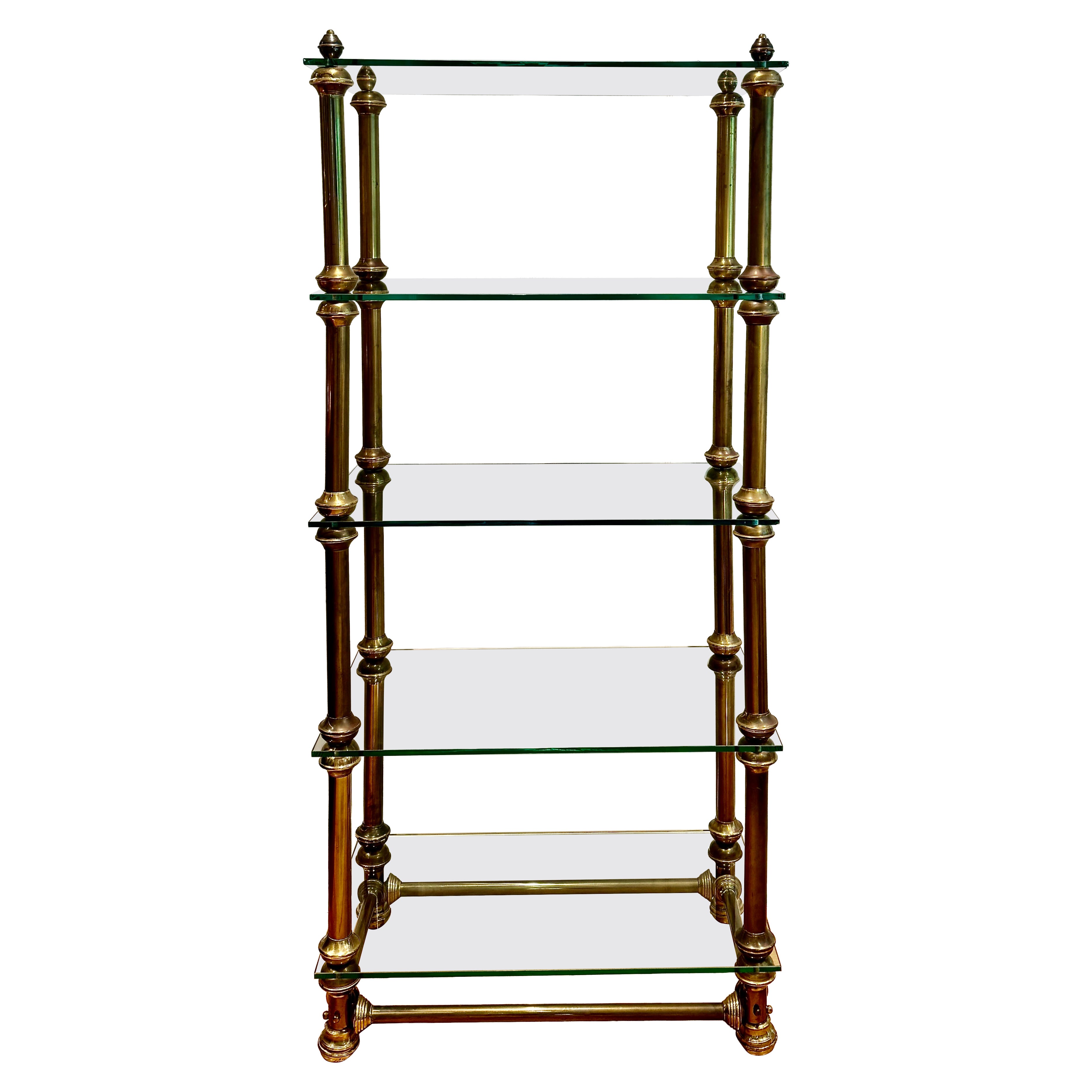 Mid-Century Brass Étagère Bookcase Display with Five Glass Shelves