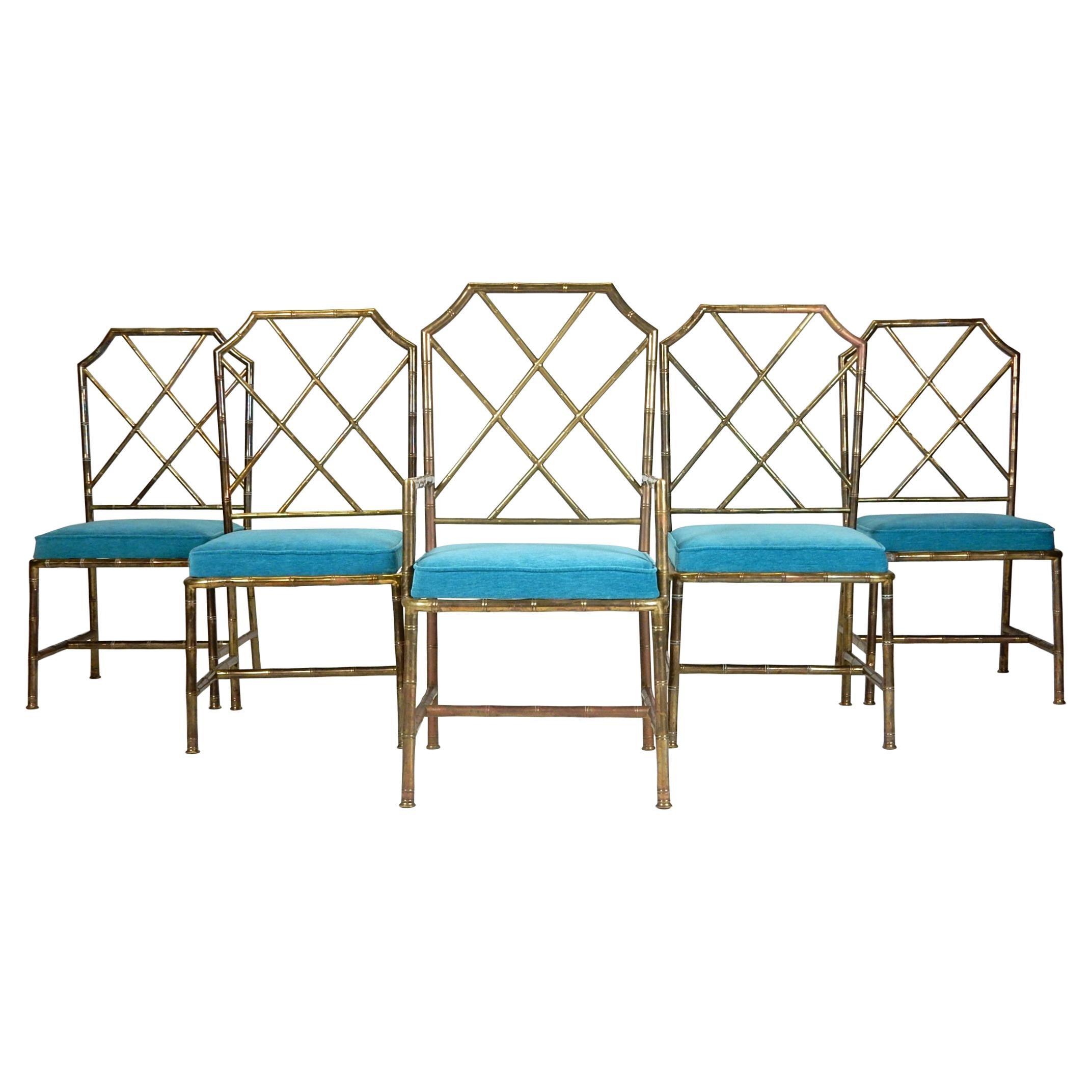 Mid Century Brass Faux Bamboo Chippendale Dining Chairs