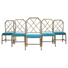 Vintage Mid Century Brass Faux Bamboo Chippendale Dining Chairs