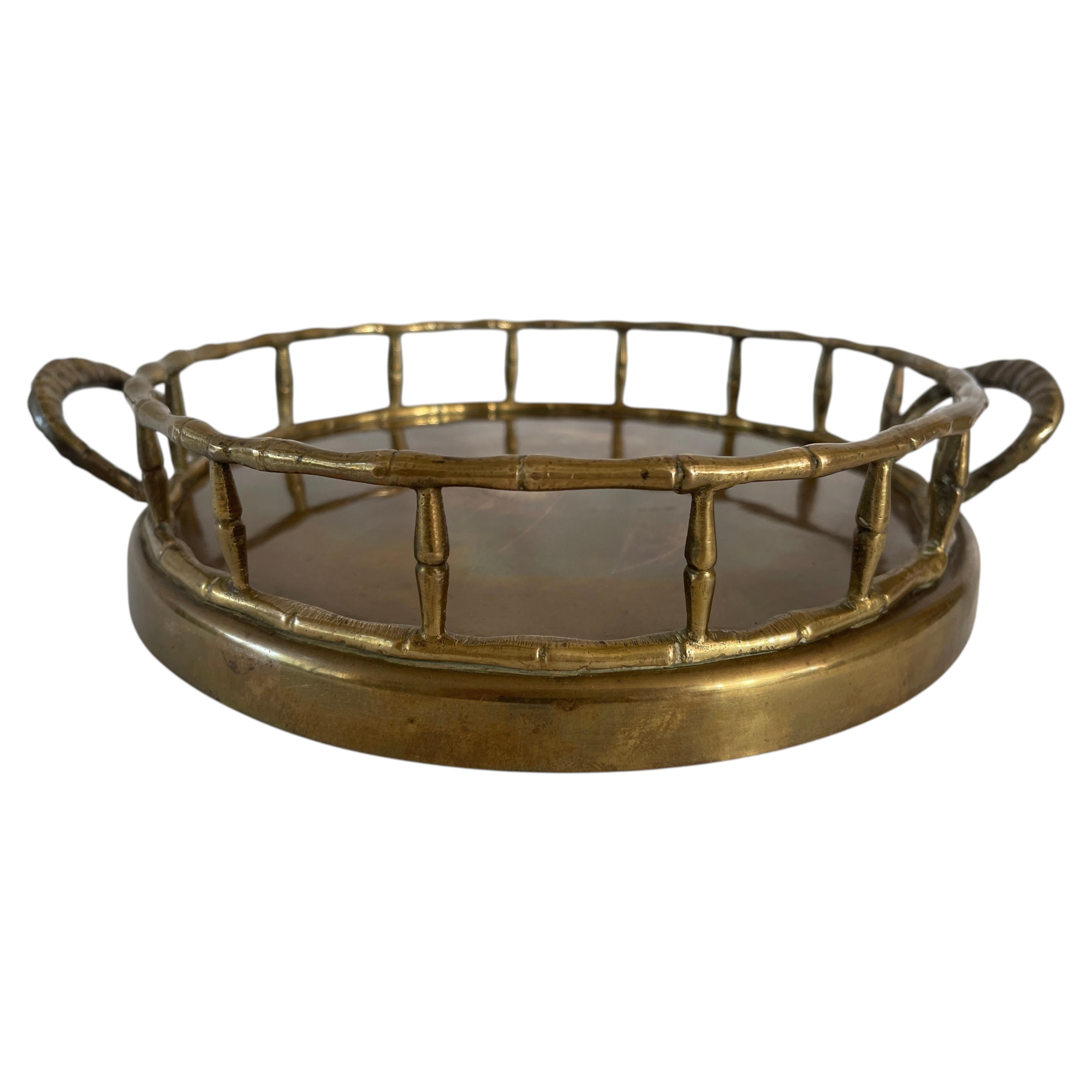 Hollywood Regency Brass Faux Bamboo Rail Round Serving Tray