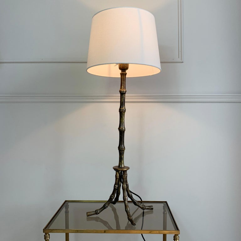 French Mid Century Brass Faux Bamboo Table Lamp For Sale