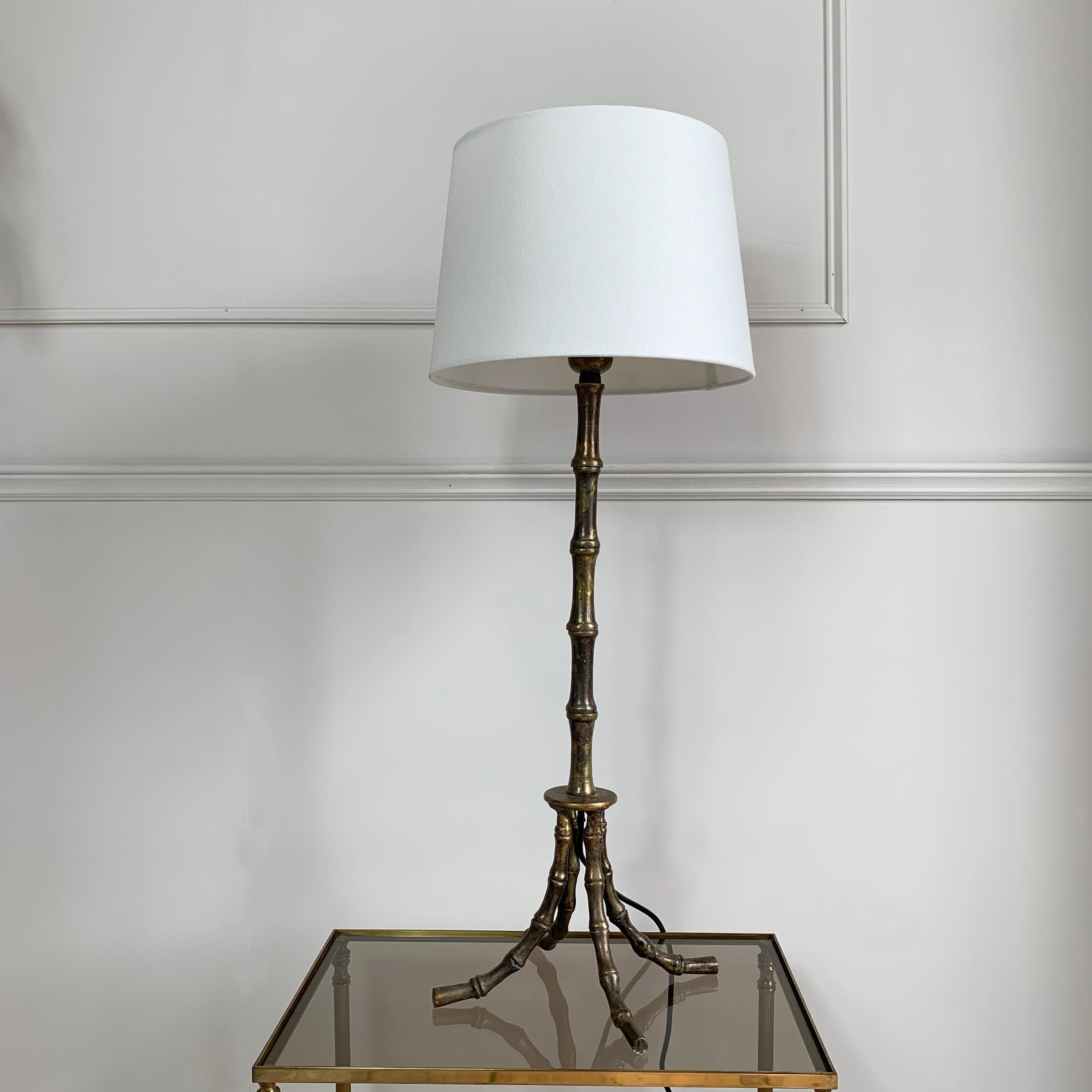 20th Century Mid Century Gold Brass Faux Bamboo Table Lamp For Sale