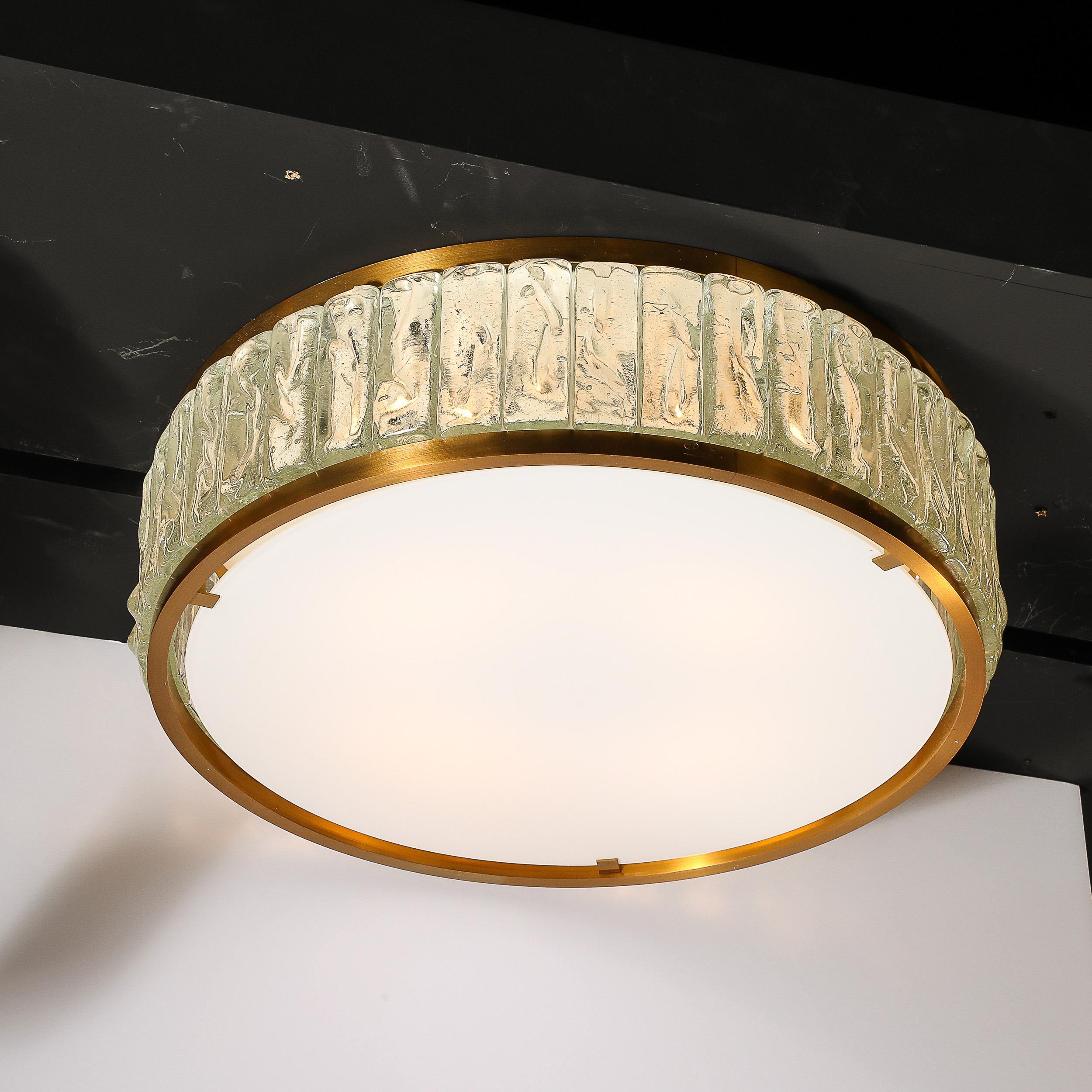 Mid-Century Modern Mid-Century Brass Fitted, Textured & Frosted Glass Flush Mount by Jean Perzel  For Sale