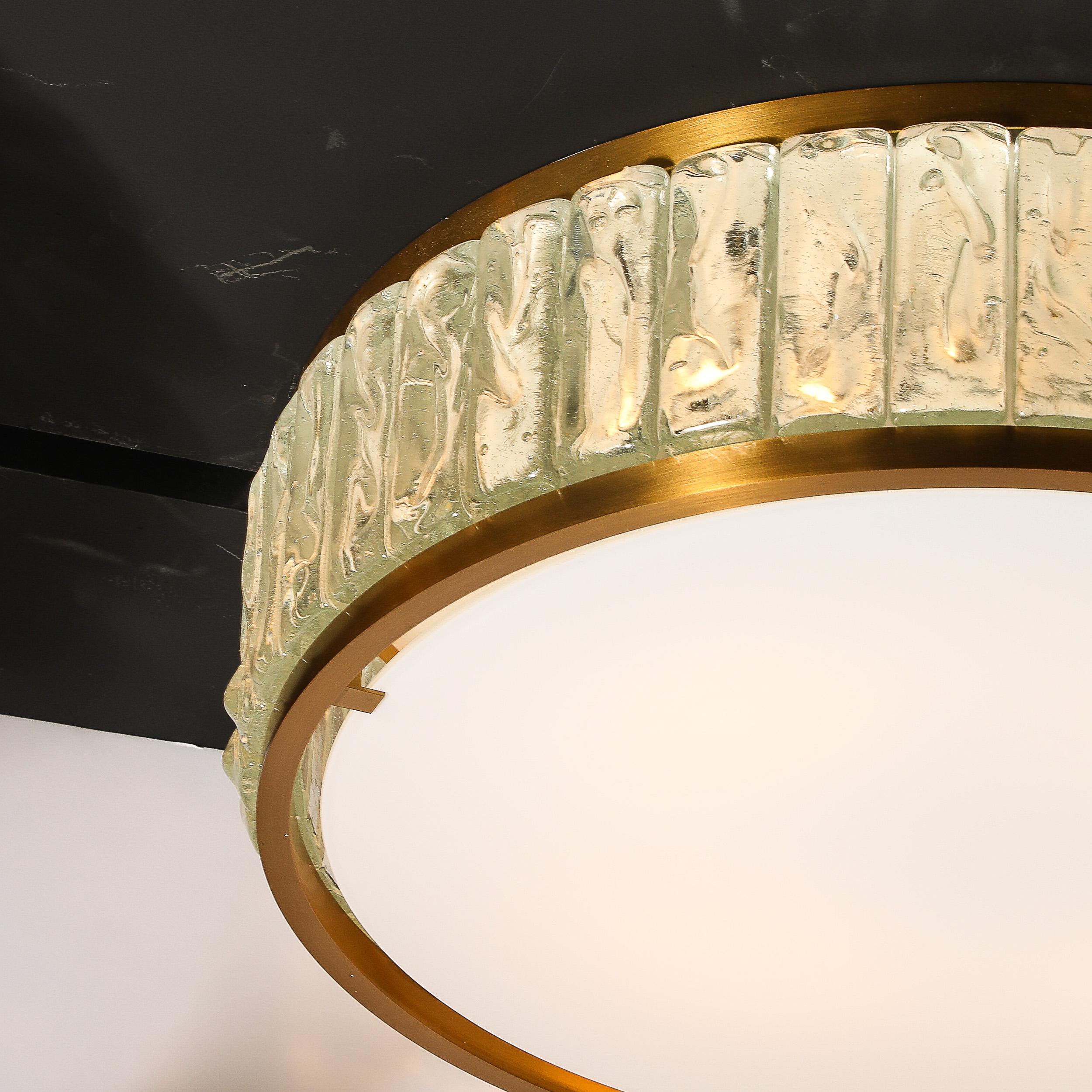 French Mid-Century Brass Fitted, Textured & Frosted Glass Flush Mount by Jean Perzel  For Sale
