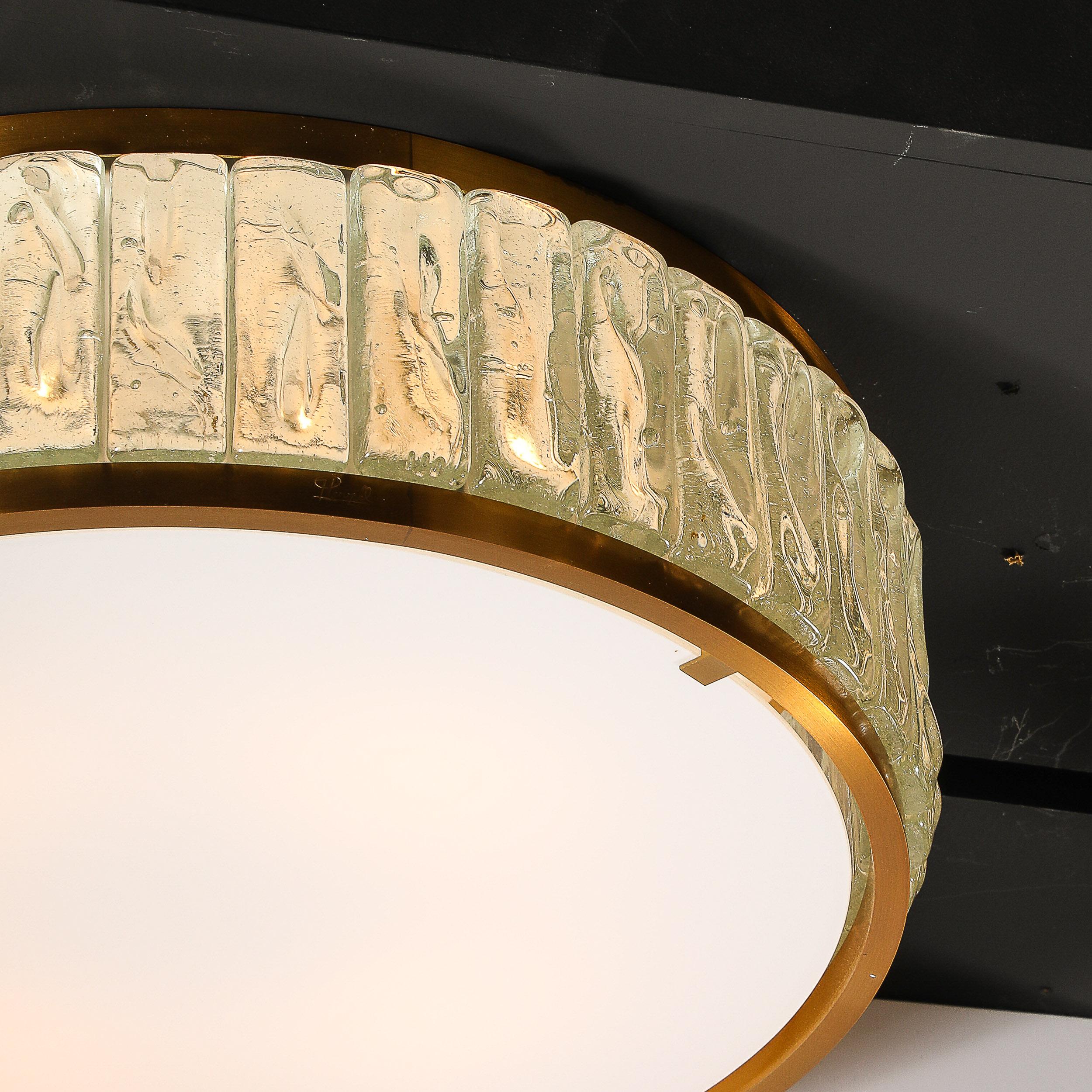 Mid-Century Brass Fitted, Textured & Frosted Glass Flush Mount by Jean Perzel  In Excellent Condition For Sale In New York, NY