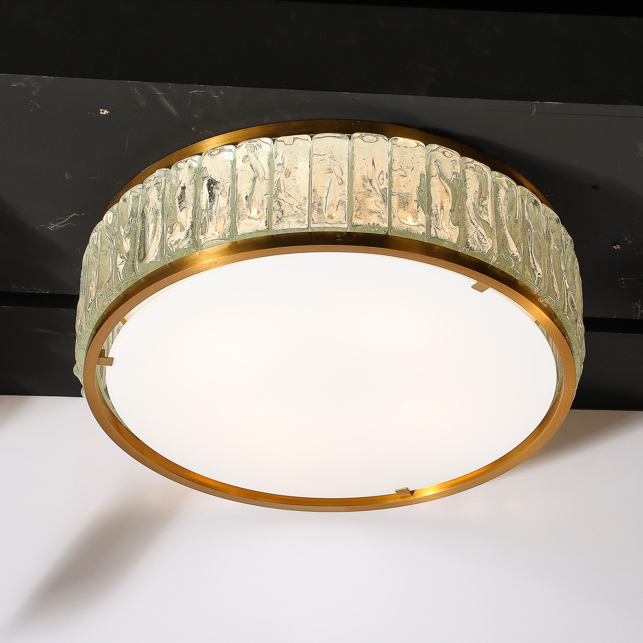 20th Century Mid-Century Brass Fitted, Textured & Frosted Glass Flush Mount by Jean Perzel  For Sale