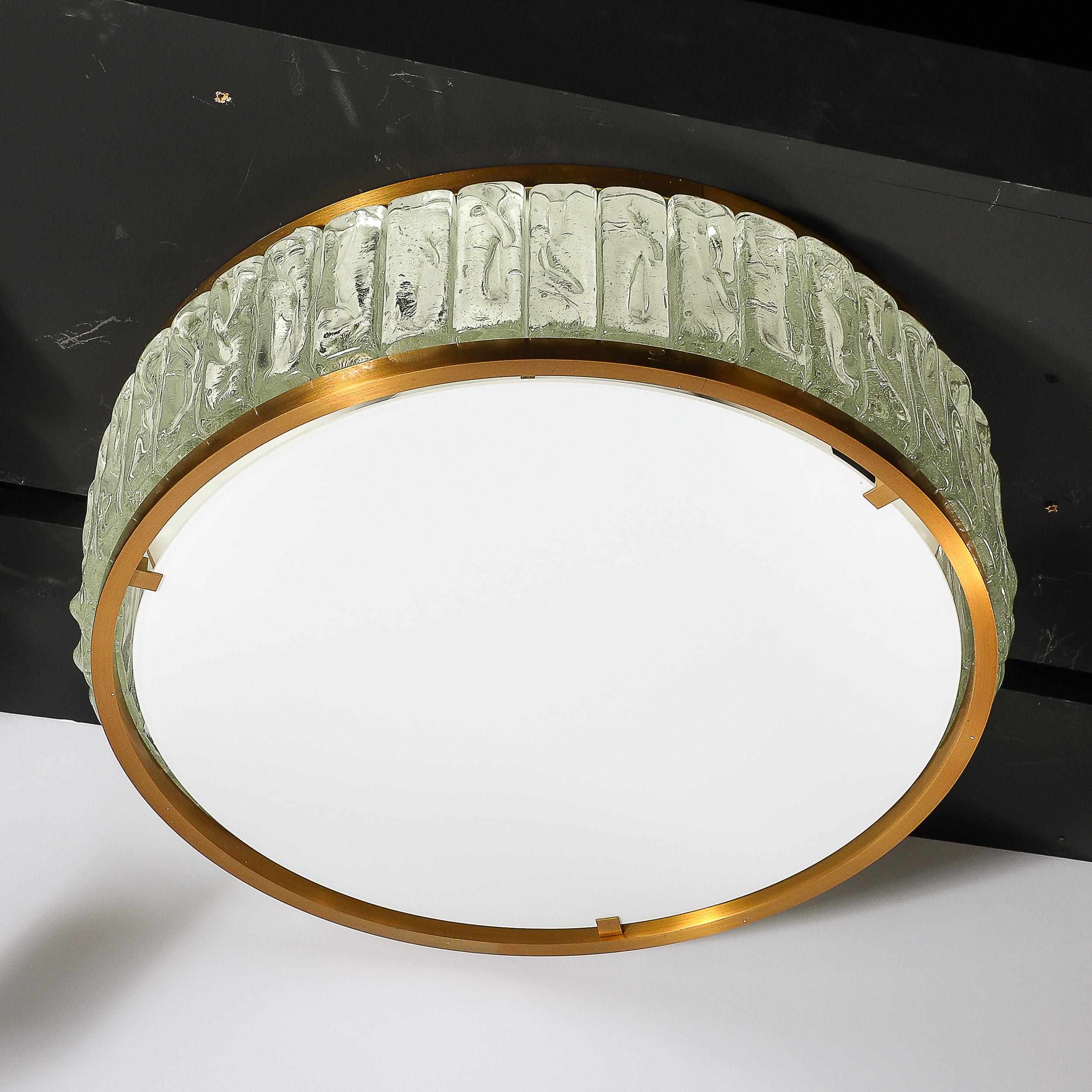 Mid-Century Brass Fitted, Textured & Frosted Glass Flush Mount by Jean Perzel  For Sale 3