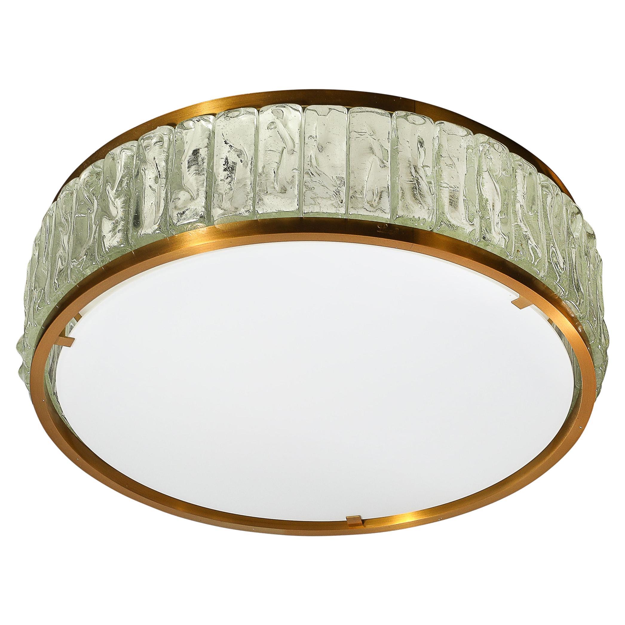Mid-Century Brass Fitted, Textured & Frosted Glass Flush Mount by Jean Perzel  For Sale