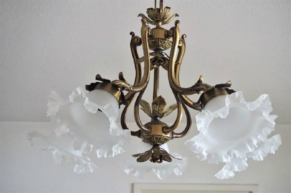 Art Deco Midcentury Brass Five-Light Chandelier with Frosted Glass Shades