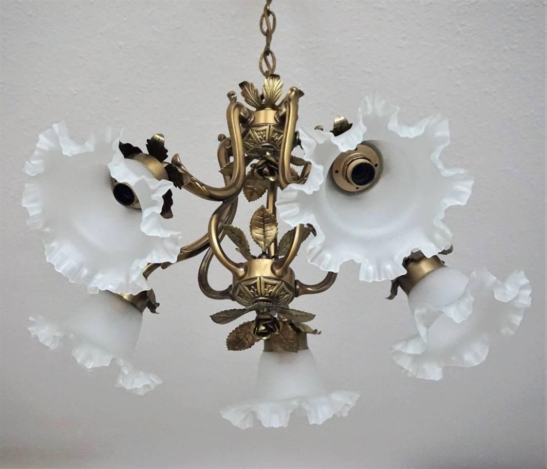 Portuguese Midcentury Brass Five-Light Chandelier with Frosted Glass Shades