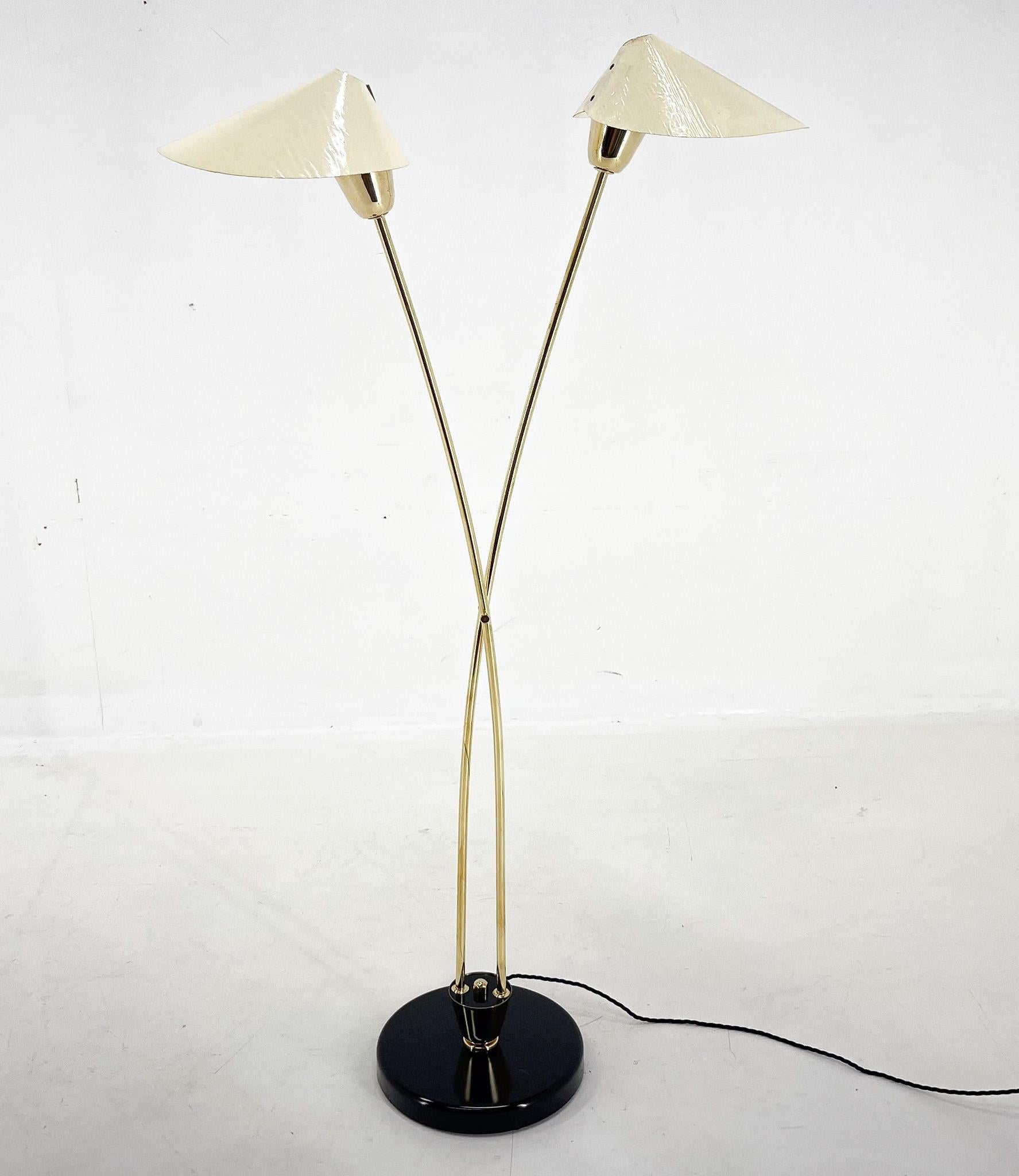 Vintage brass floor lamp called 'Japanese' produced by famous Napako in former Czechoslovakia in the 1960's.  The lamp has been restored. 
Bulb: 2 x E26-E27. 
US plug adapter included.