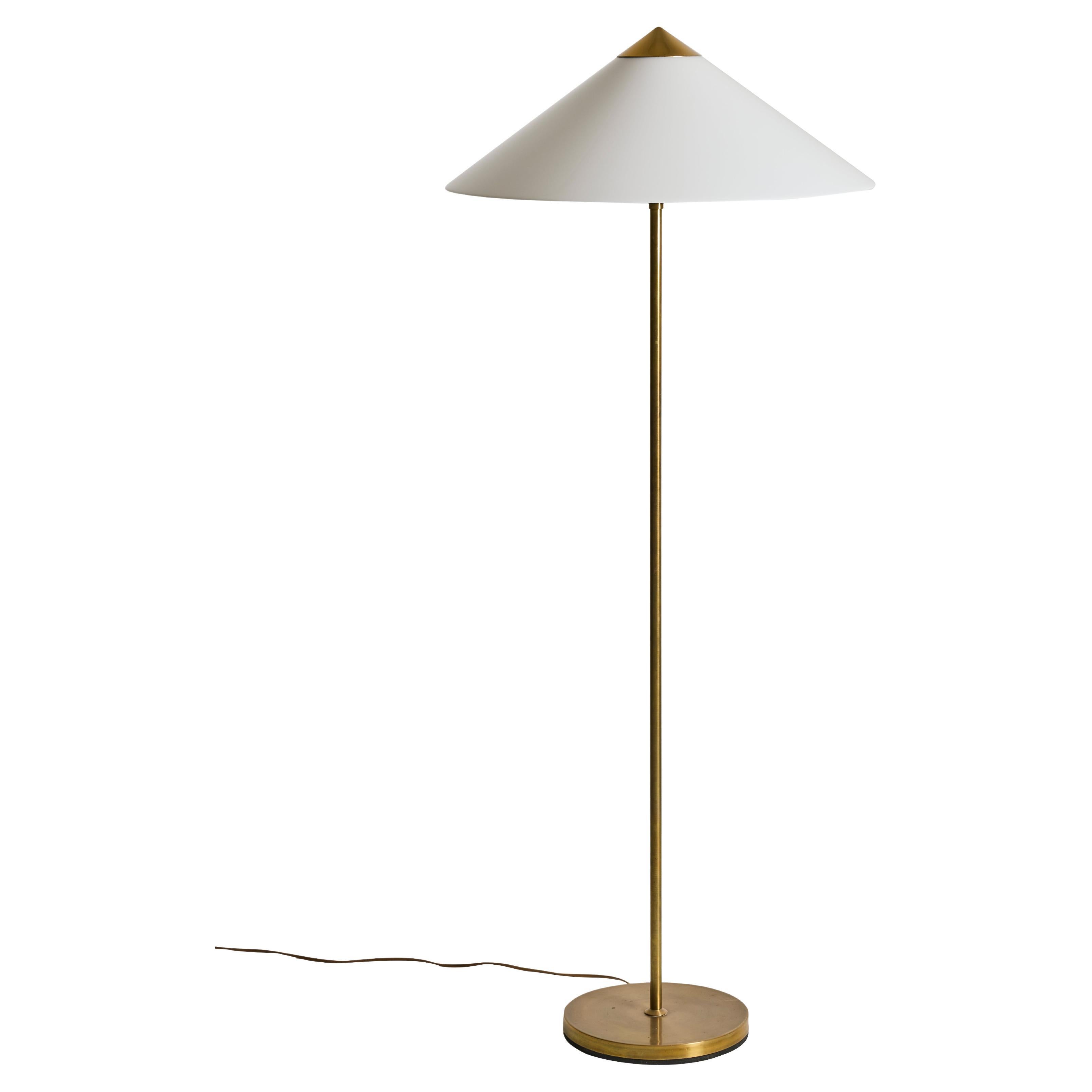 Mid-Century Brass Floor Lamp, Conical Shade by AB Luco Göteborg, Sweden, 1950s For Sale