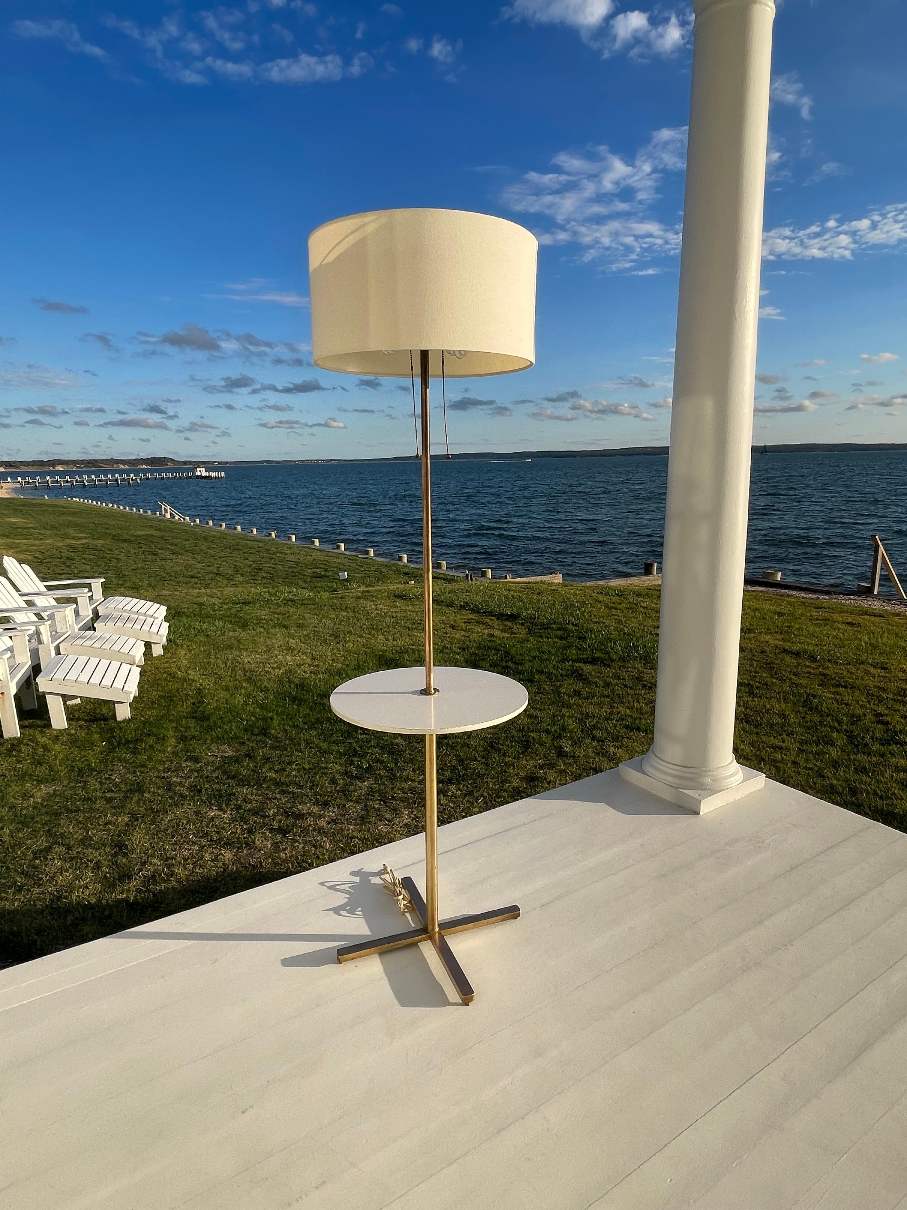 Mid Century Brass Floor Lamp with Built in Table, Diffuser and Shade For Sale 8