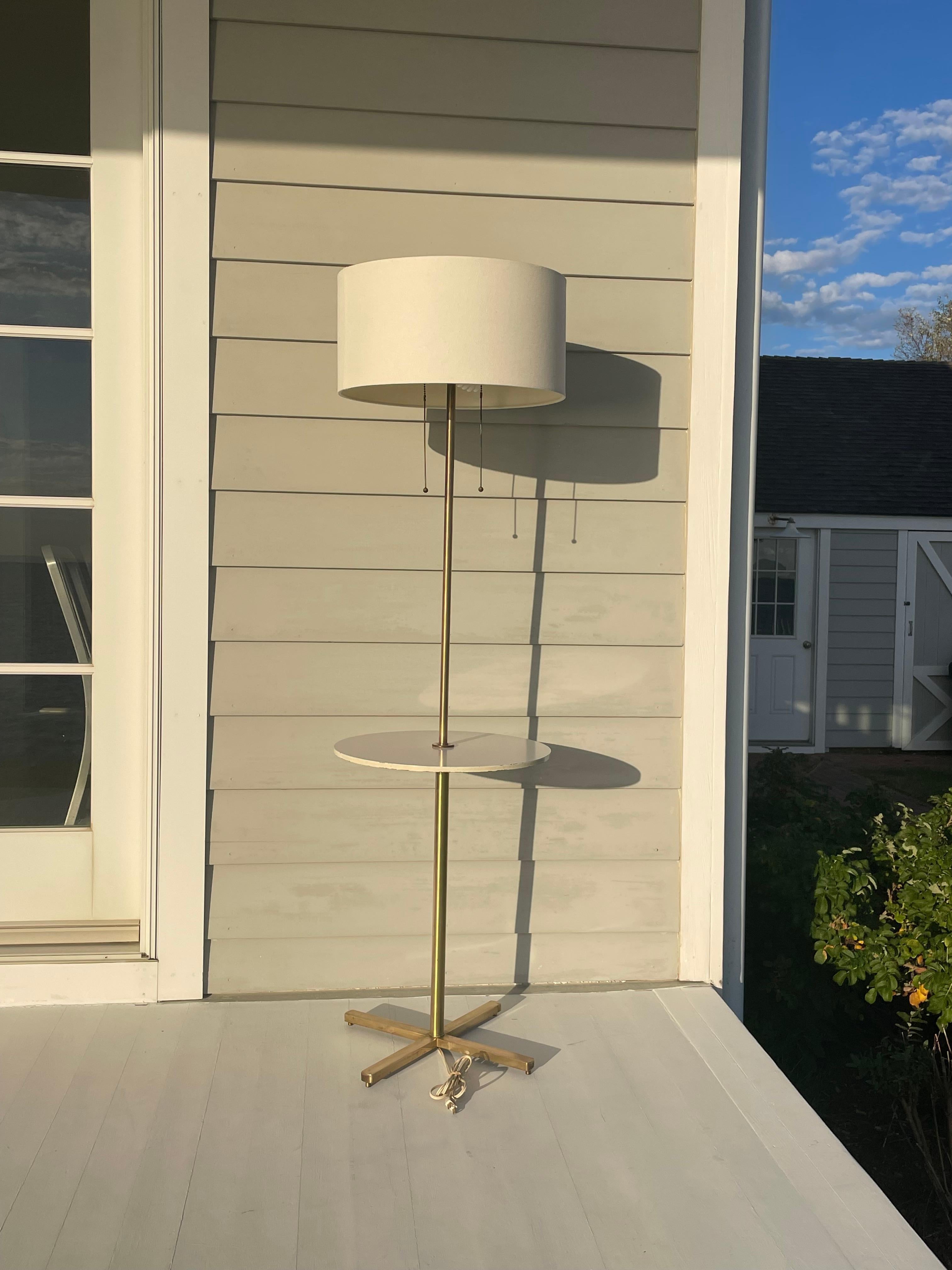 Mid Century Brass Floor Lamp with Built in Table, Diffuser and Shade For Sale 9