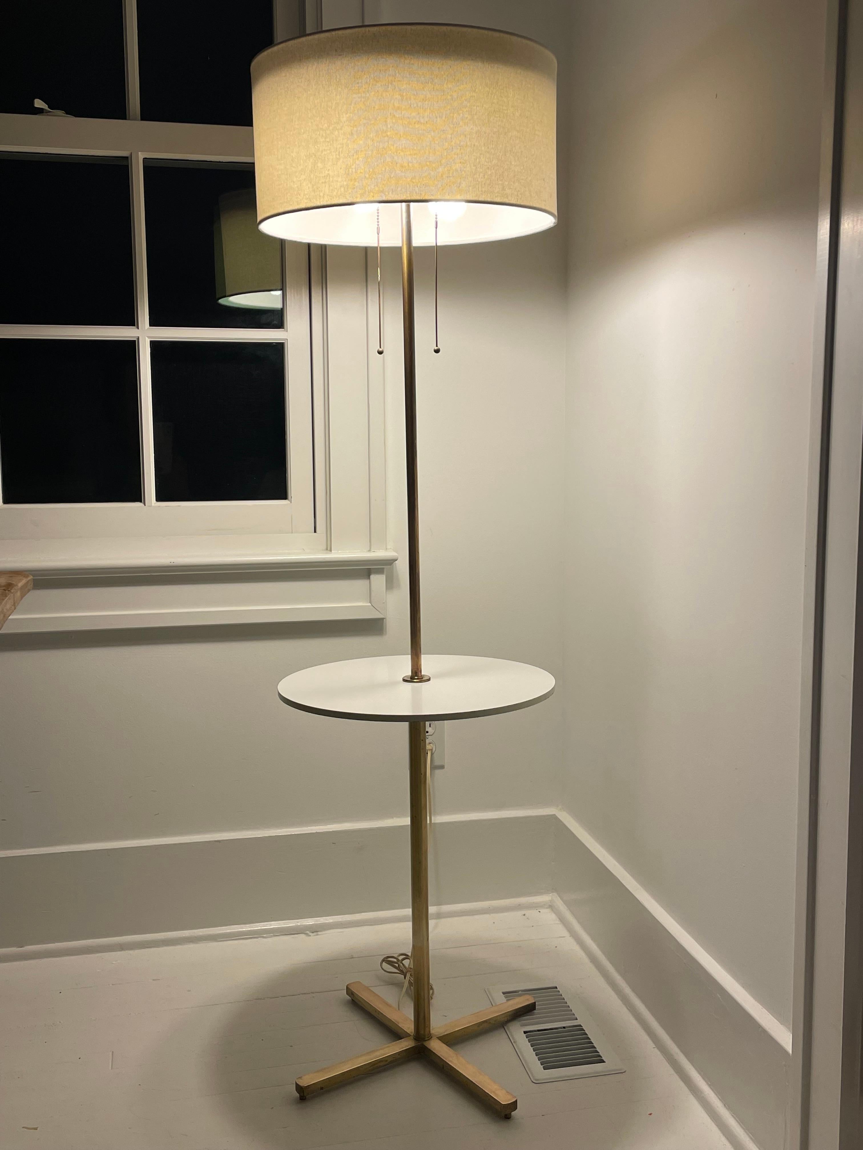 Mid Century Brass Floor Lamp with Built in Table, Diffuser and Shade For Sale 10