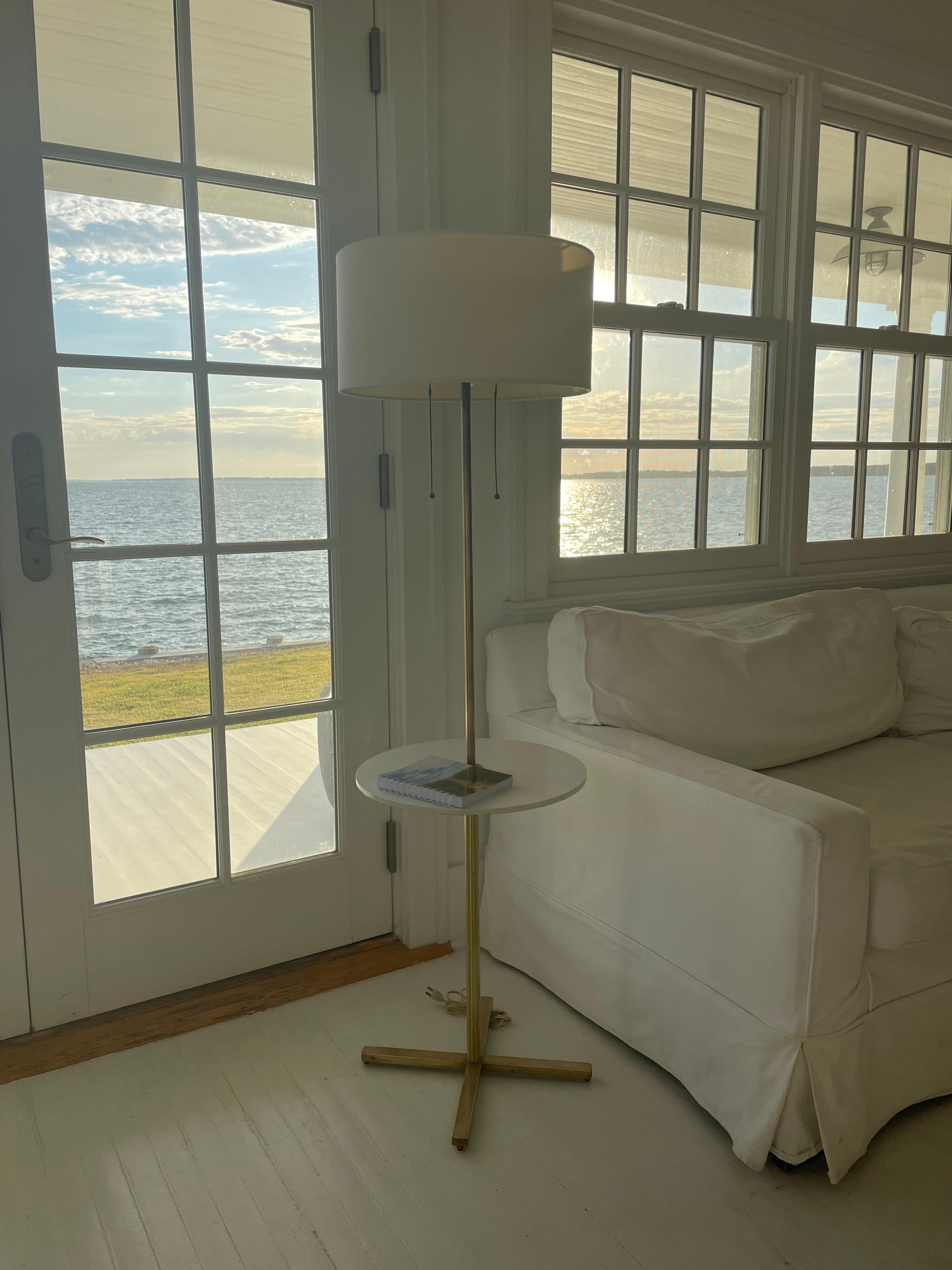 Mid-Century Modern Mid Century Brass Floor Lamp with Built in Table, Diffuser and Shade For Sale