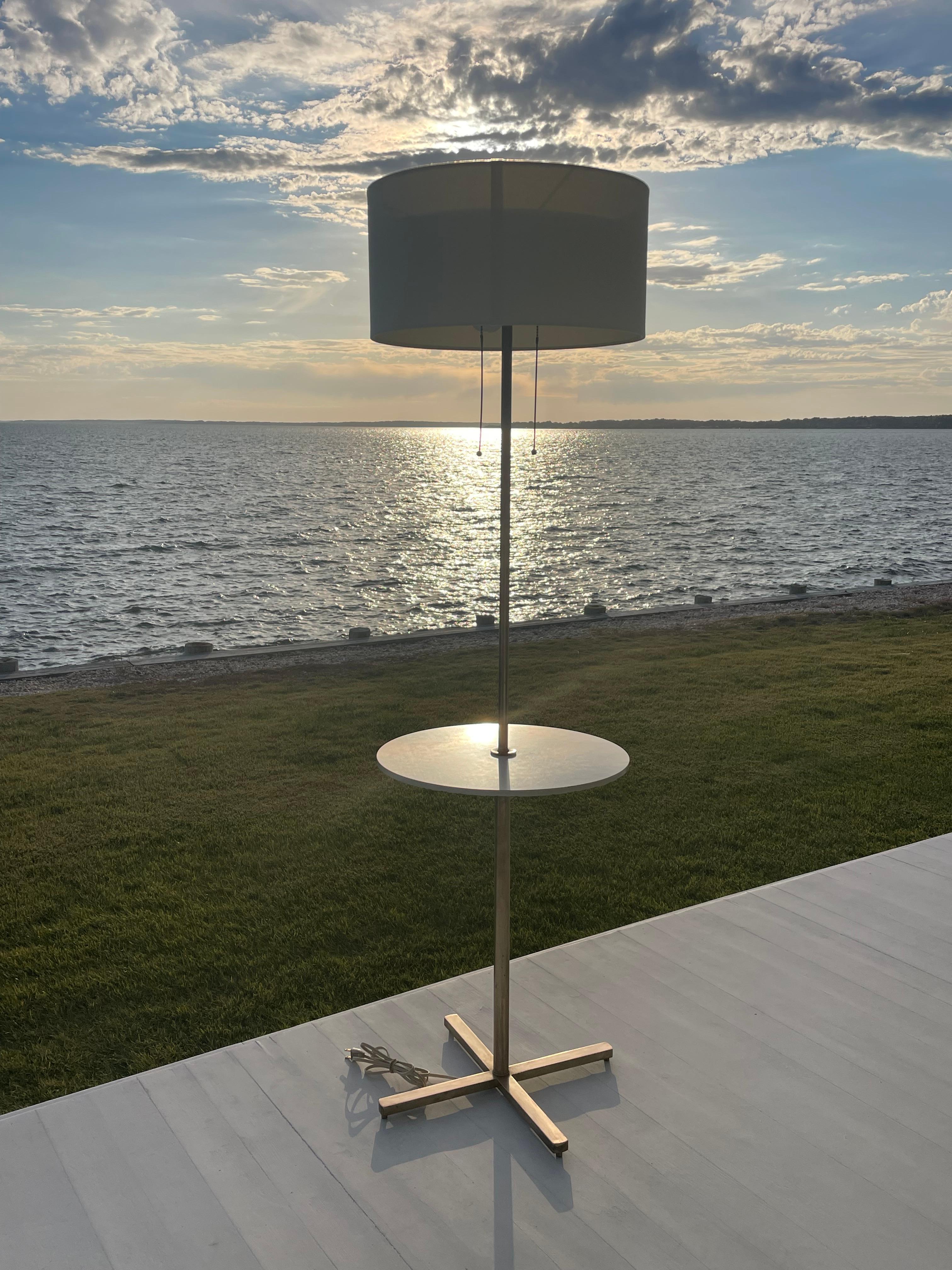 Mid Century Brass Floor Lamp with Built in Table, Diffuser and Shade For Sale 1