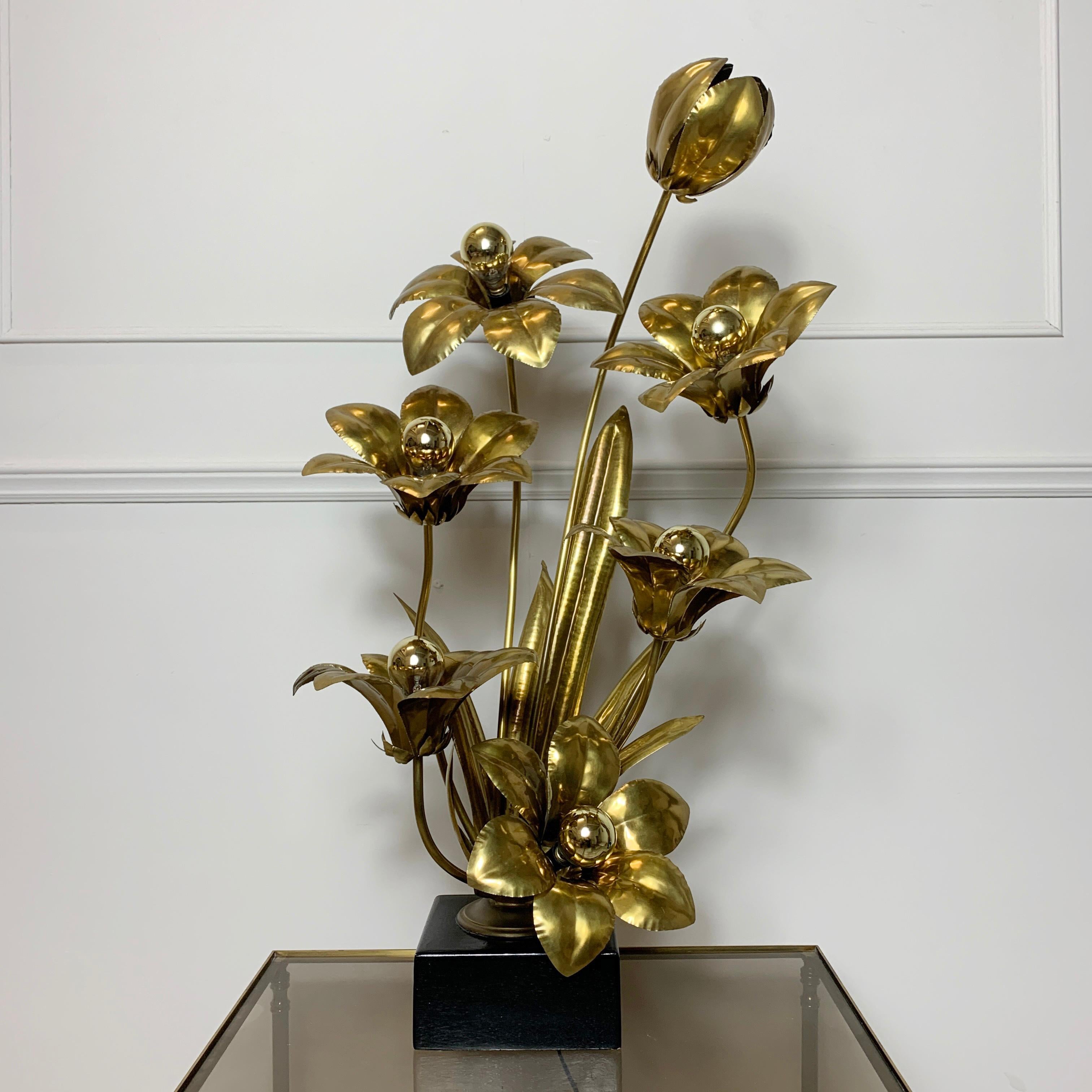 French Midcentury Brass Flower Table Lamp, 1970s