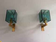 Mid-Century Brass Frame and Green Glass Pair of Sconces, 1950s, Italy
