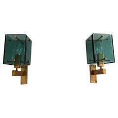 Mid-Century Brass Frame and Green Glass Pair of Sconces, 1950s, Italy