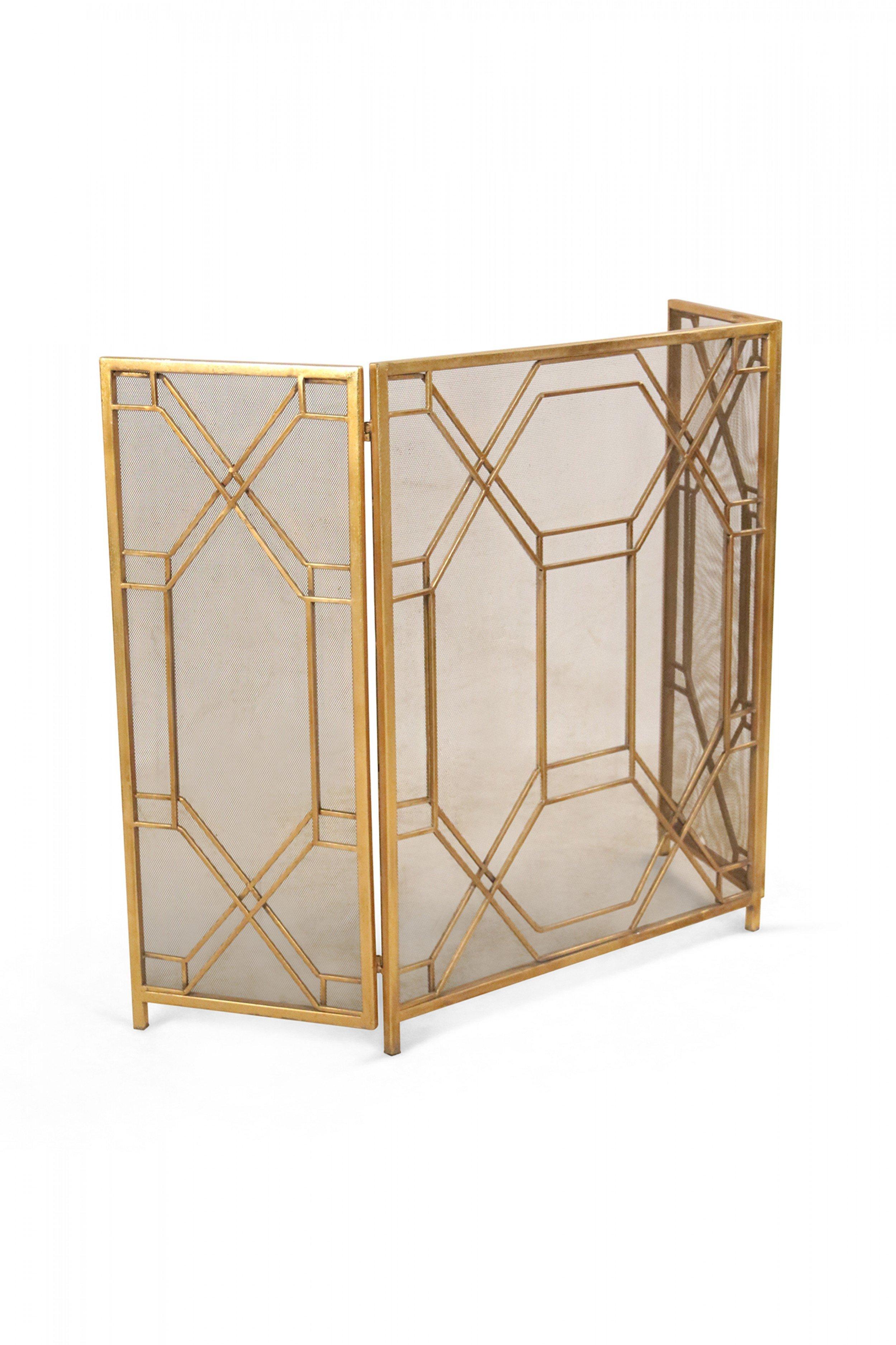 Mid-Century Brass Framed Tri-Fold Fire Screen For Sale 2