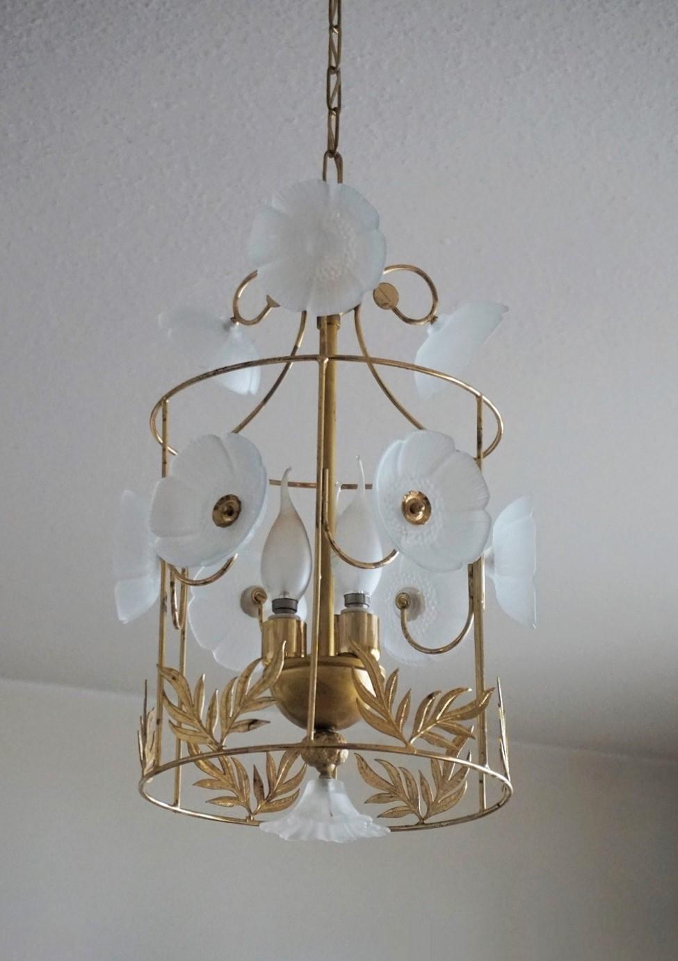 Art Deco Midcentury Brass Frosted Glass Flowers Cylinder Three-Light Lantern For Sale