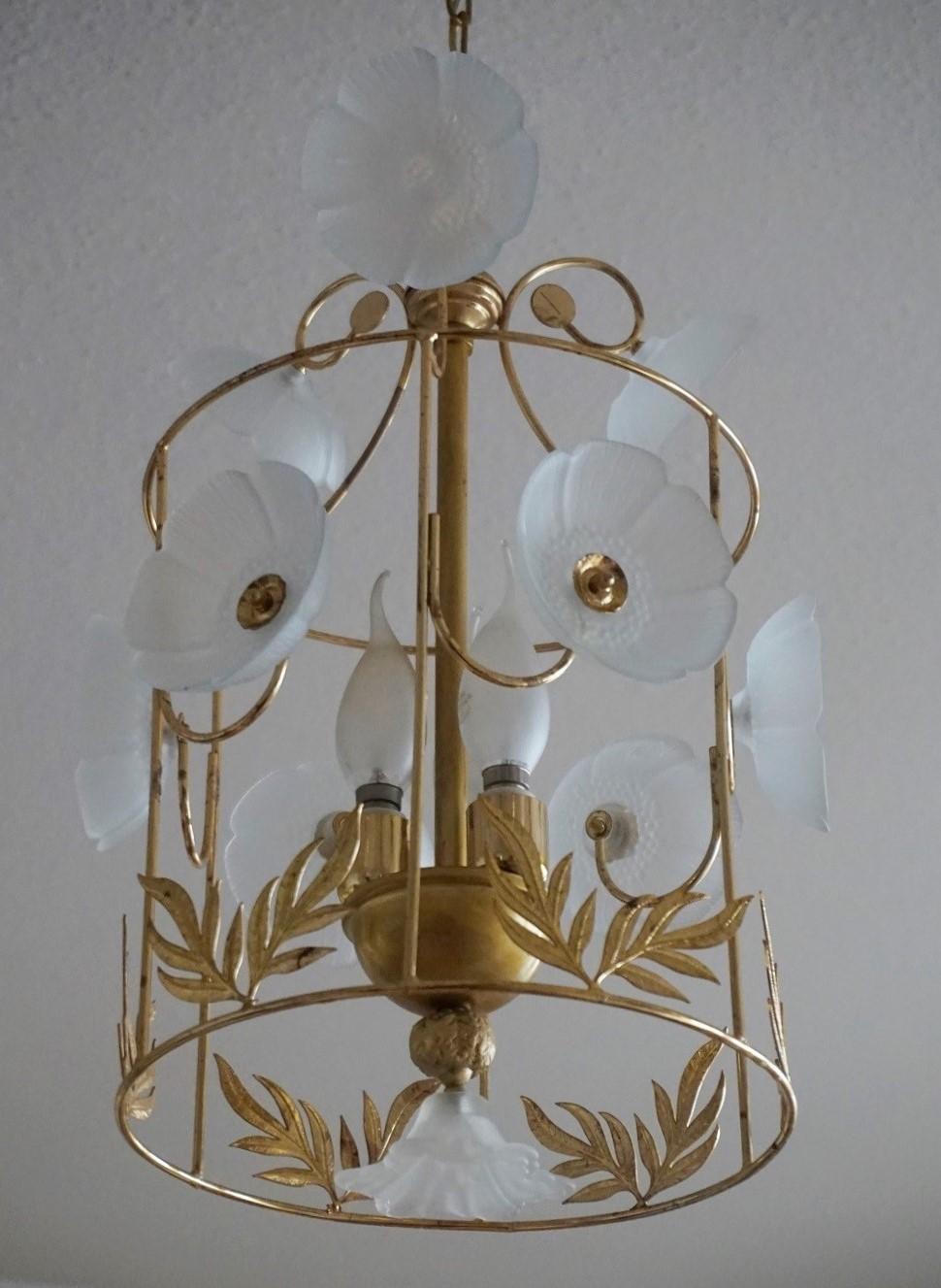 Midcentury Brass Frosted Glass Flowers Cylinder Three-Light Lantern In Good Condition For Sale In Frankfurt am Main, DE
