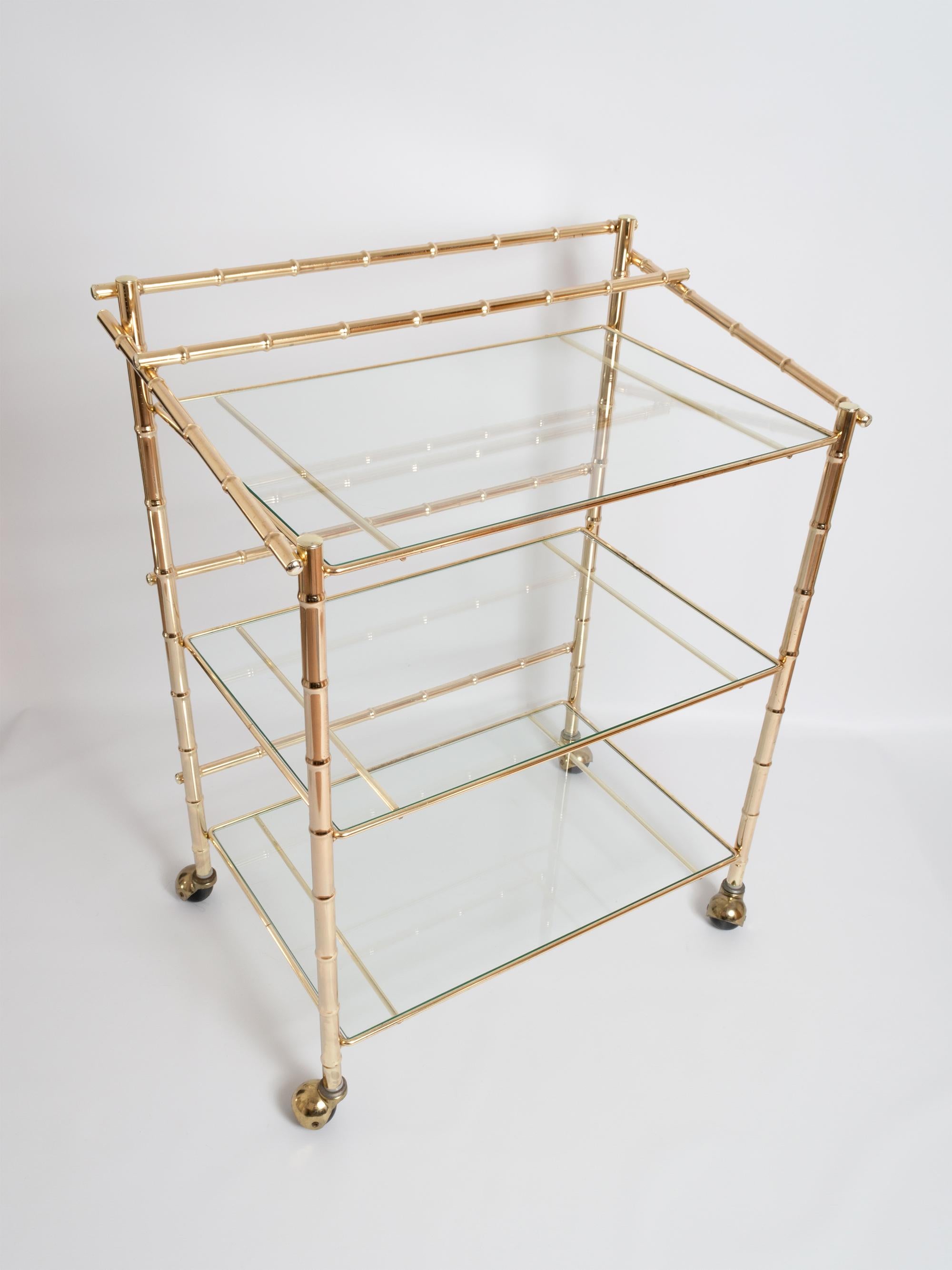 Mid Century Gold Brass Bar Cart Drinks Trolley Étagère, France, C1960 For Sale 4