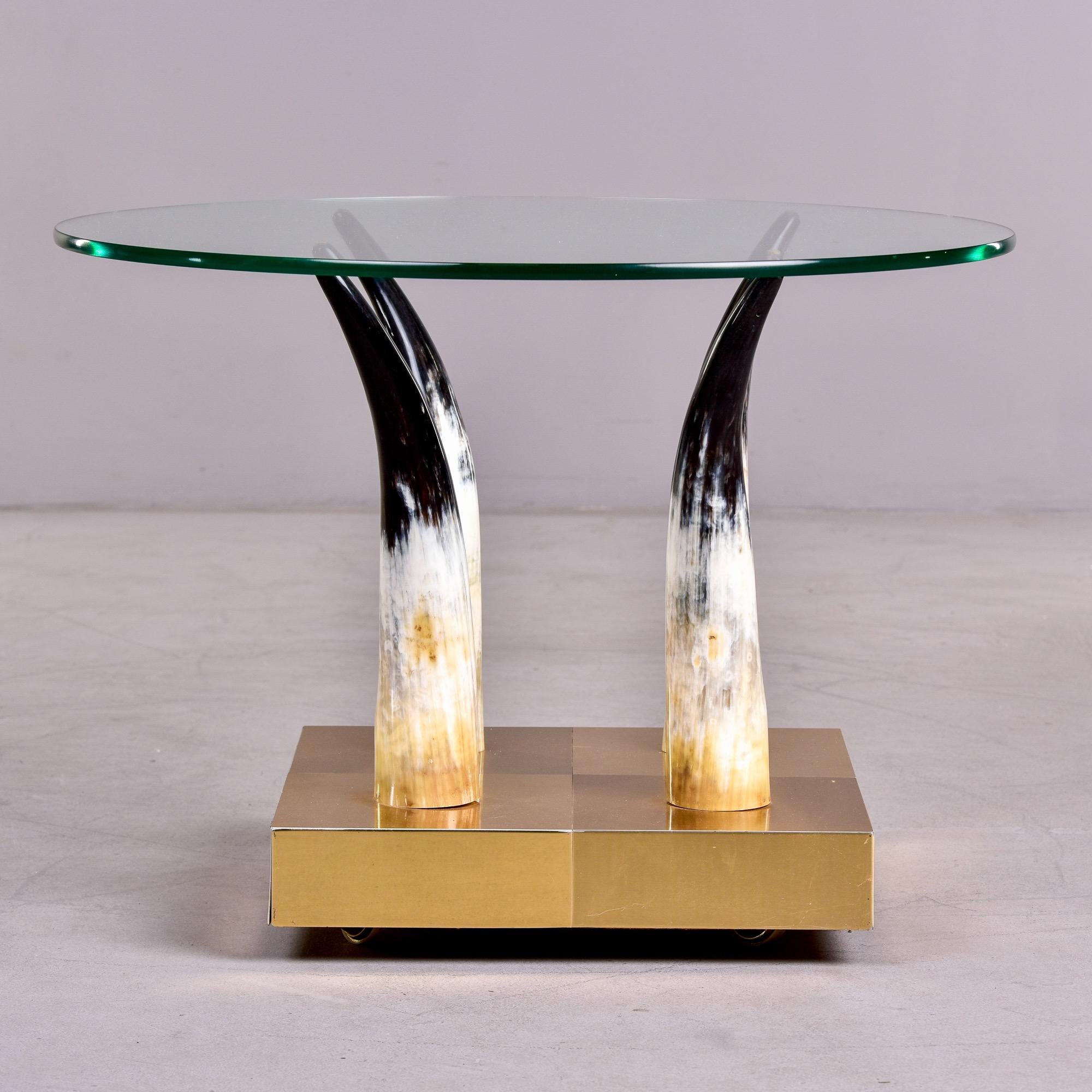 American Mid Century Brass Glass and Horns Side Table with Casters For Sale