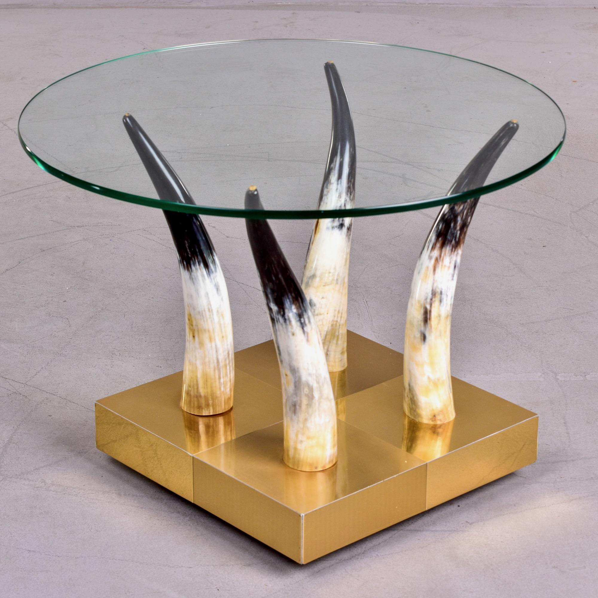 20th Century Mid Century Brass Glass and Horns Side Table with Casters For Sale