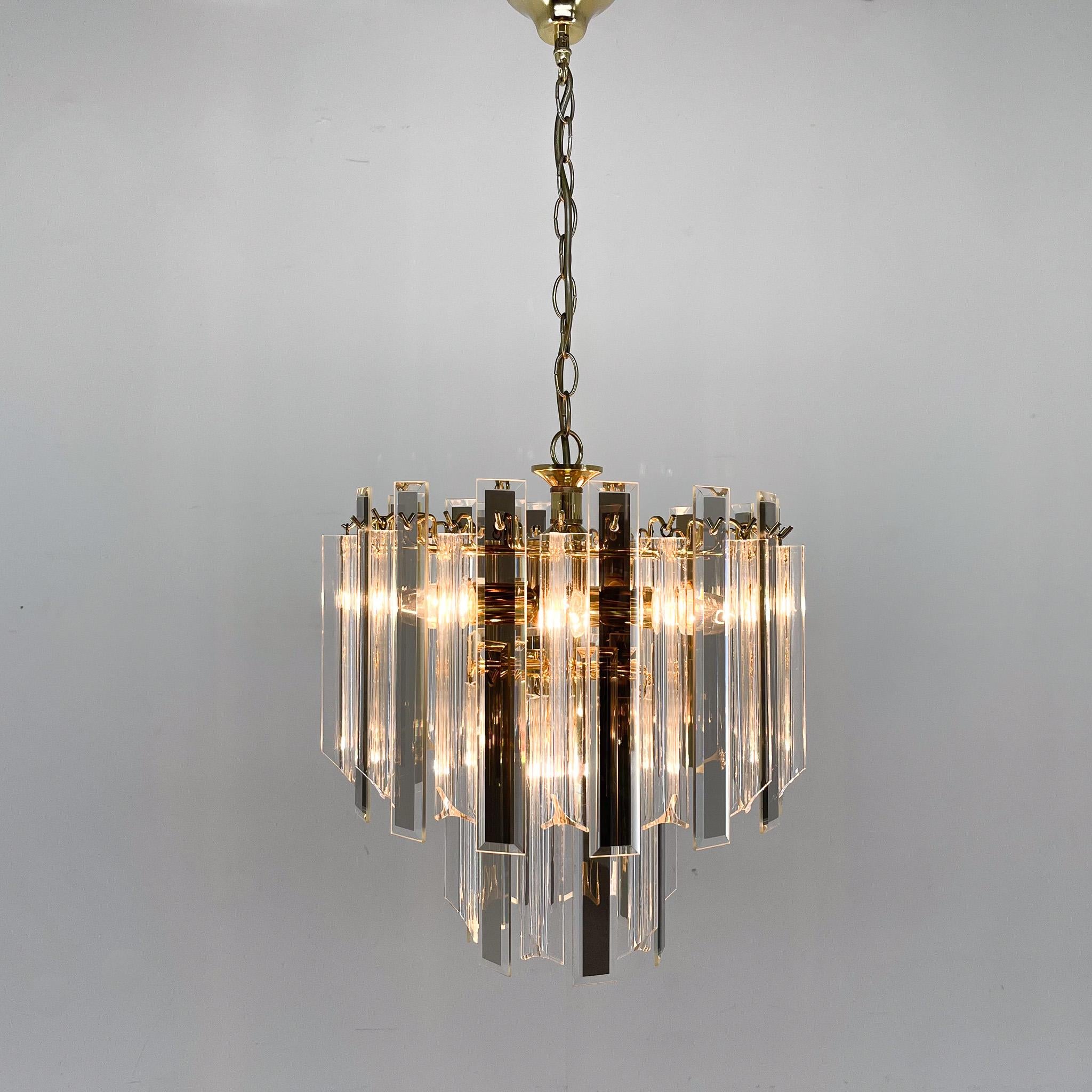 Midcentury Brass, Glass and Lucite Chandelier, Austria 1970s For Sale 5