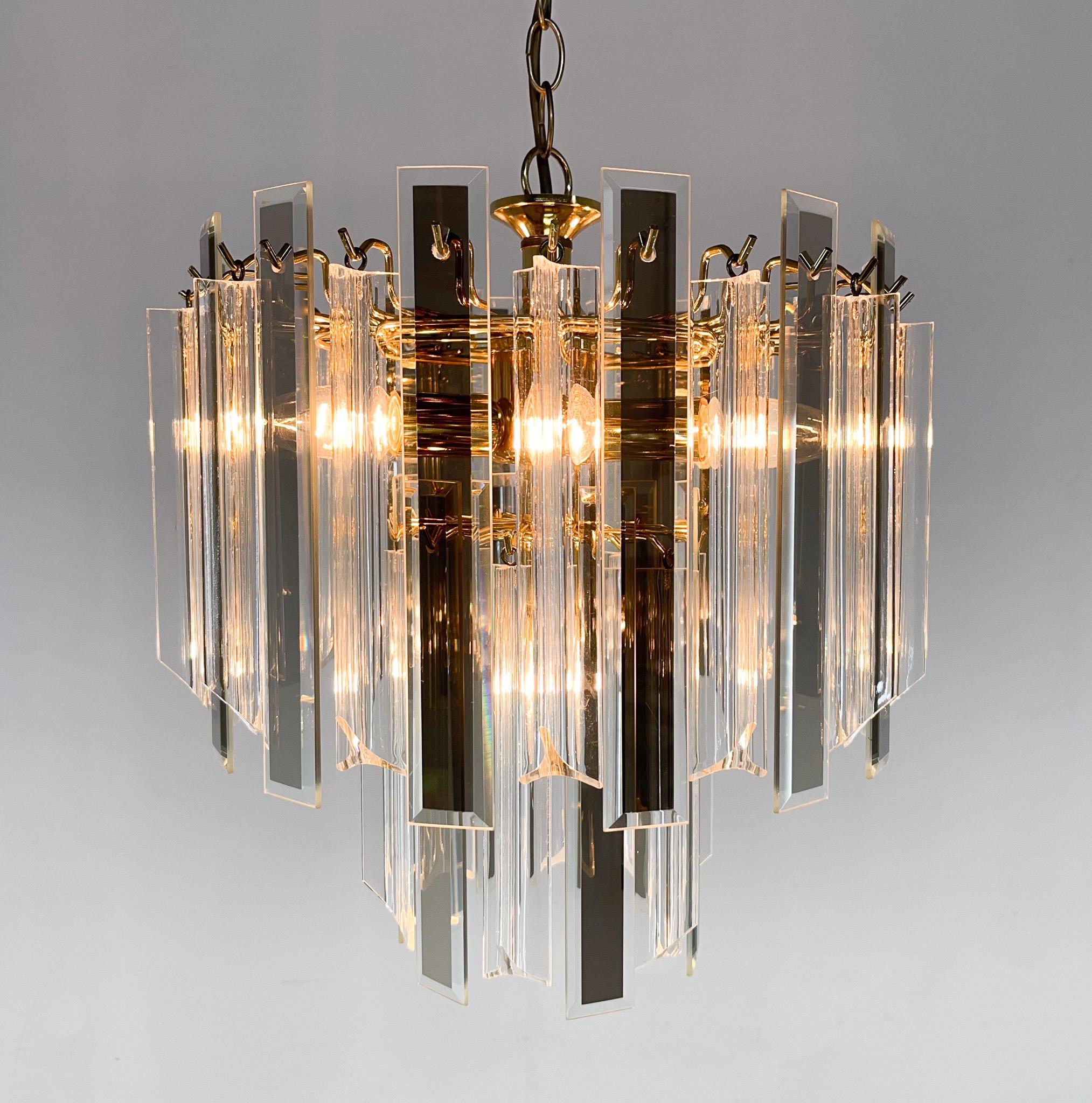 Midcentury Brass, Glass and Lucite Chandelier, Austria 1970s For Sale 8