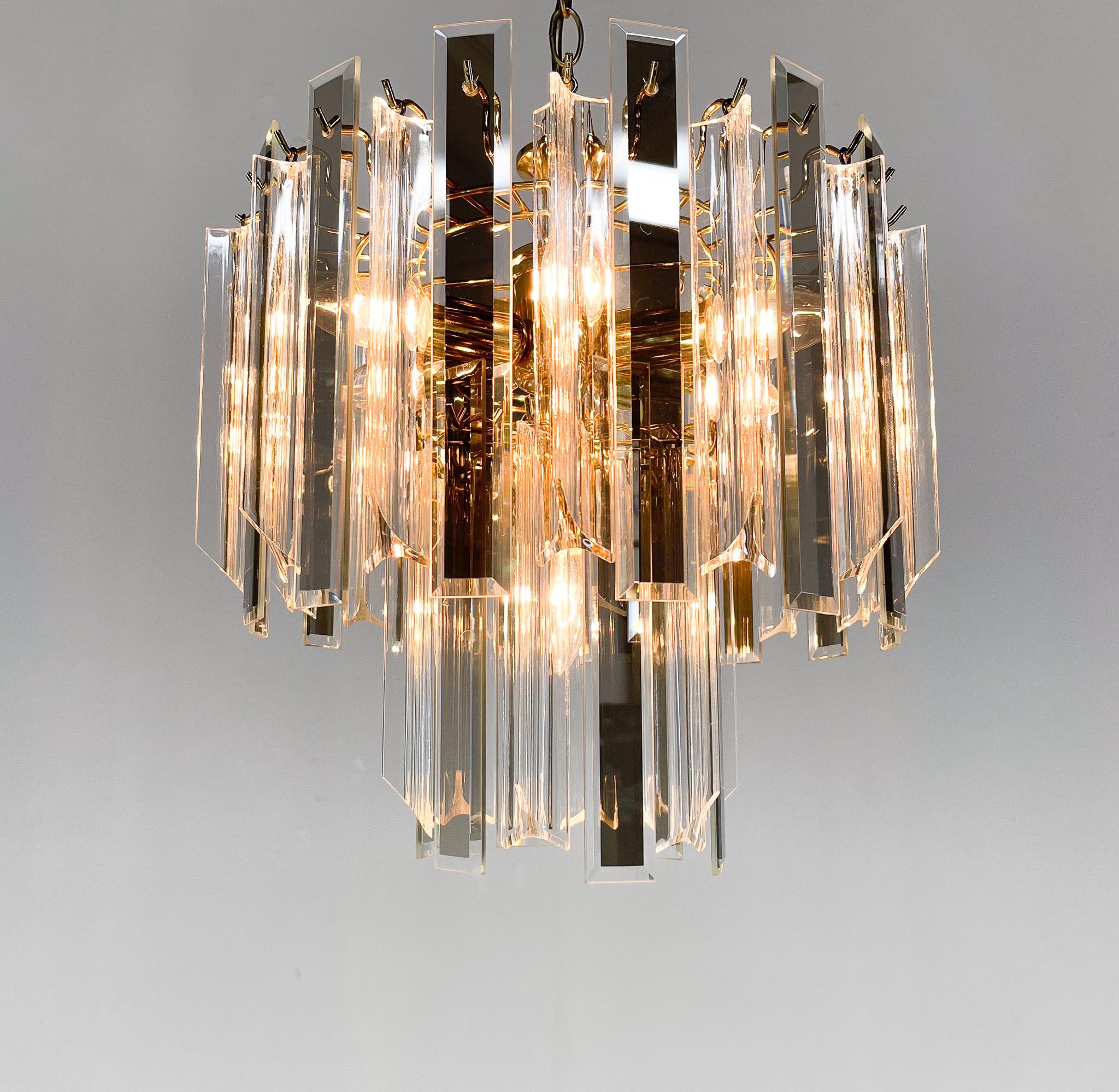 Austrian Midcentury Brass, Glass and Lucite Chandelier, Austria 1970s For Sale