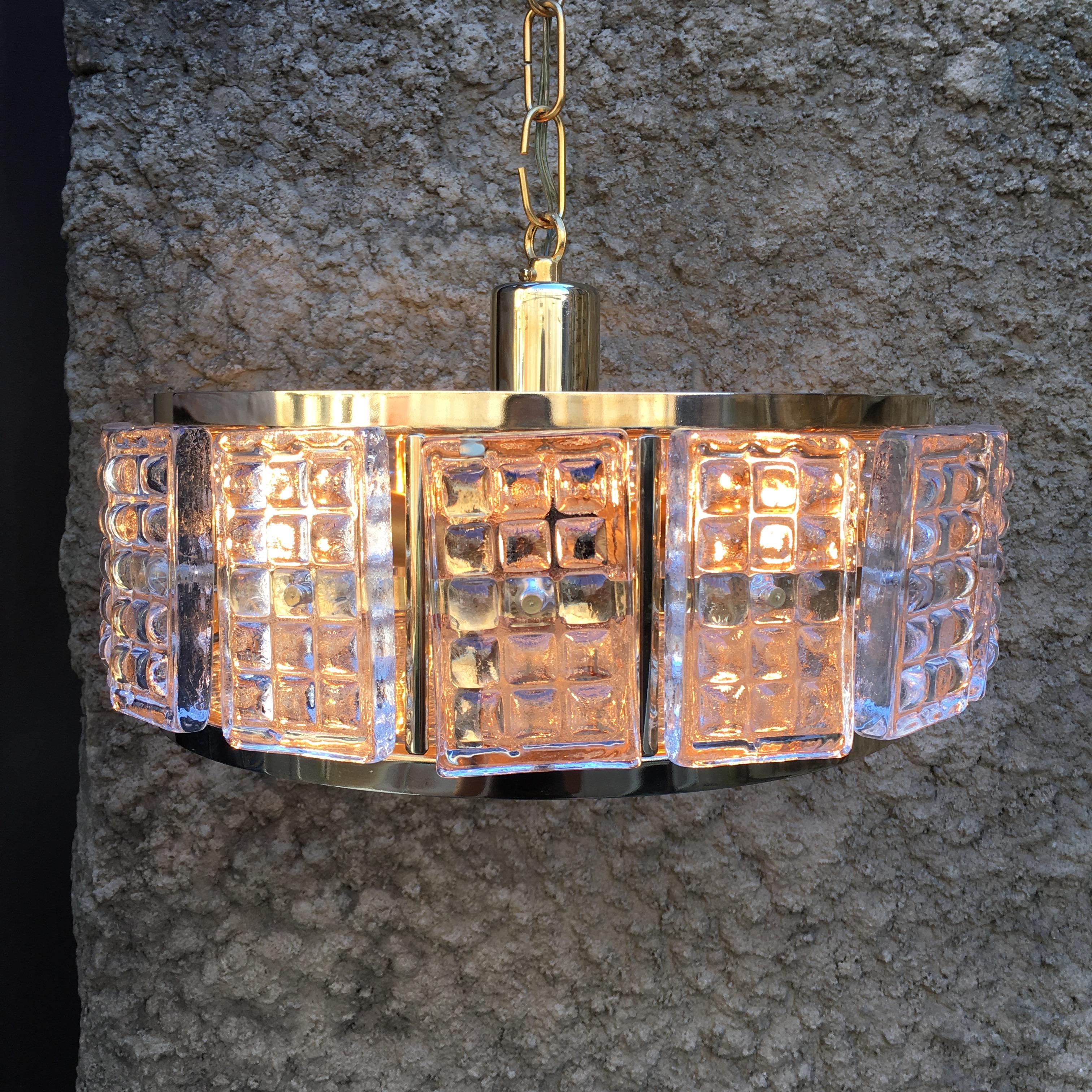 Gilt Midcentury Brass and Glass Ceiling Lamp by Carl Fagerlund for Orrefors, 1960s For Sale