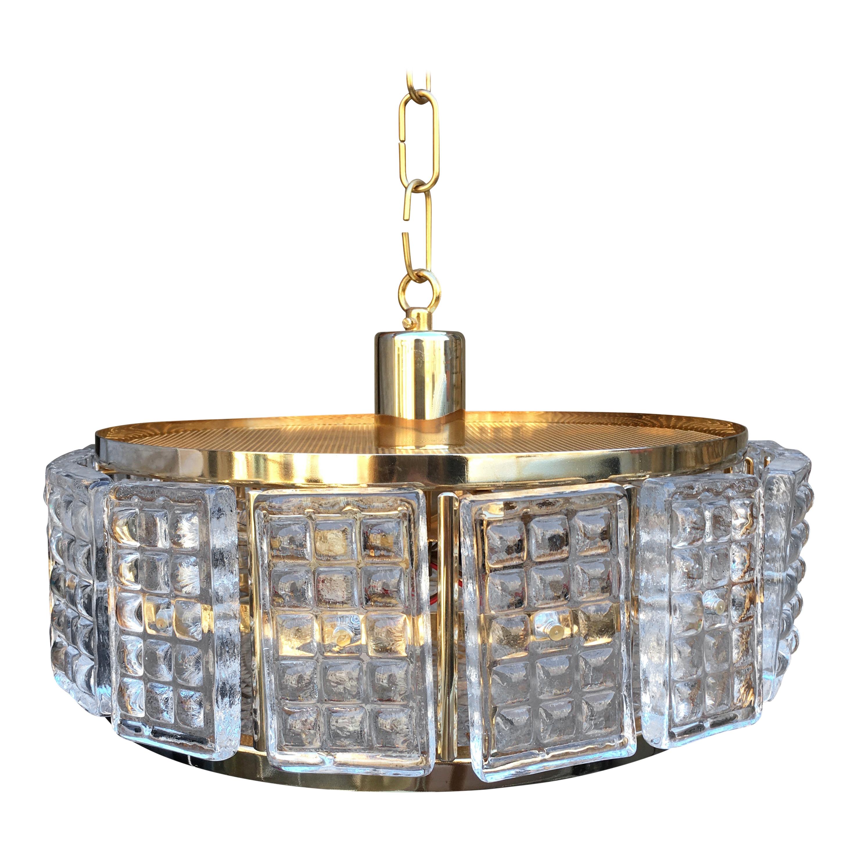 Midcentury Brass and Glass Ceiling Lamp by Carl Fagerlund for Orrefors, 1960s For Sale