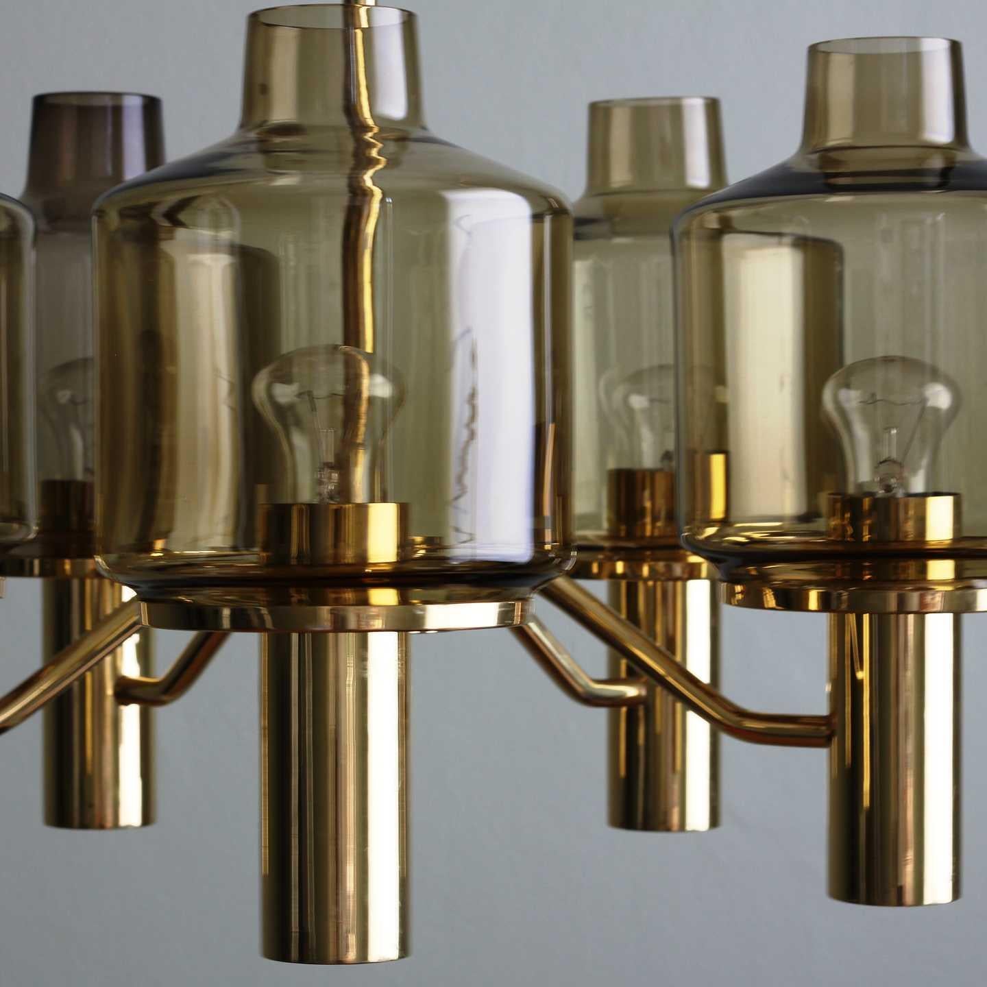 Midcentury Brass Glass Chandelier Hans-Agne Jakobsson, 1960s In Excellent Condition In Paris, IDF