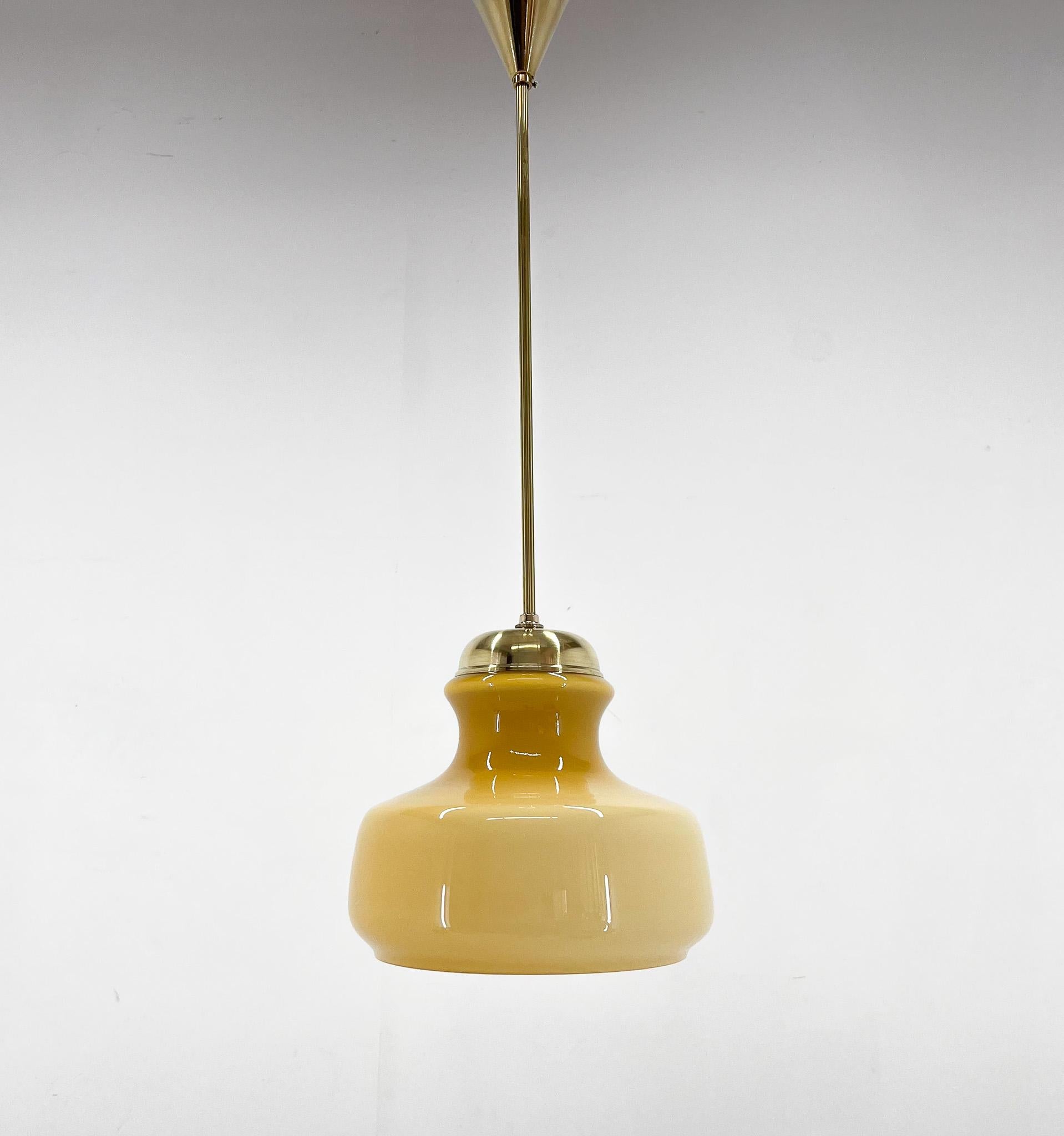 Czech Mid-Century Brass & Glass Pendant Light, 1970s For Sale