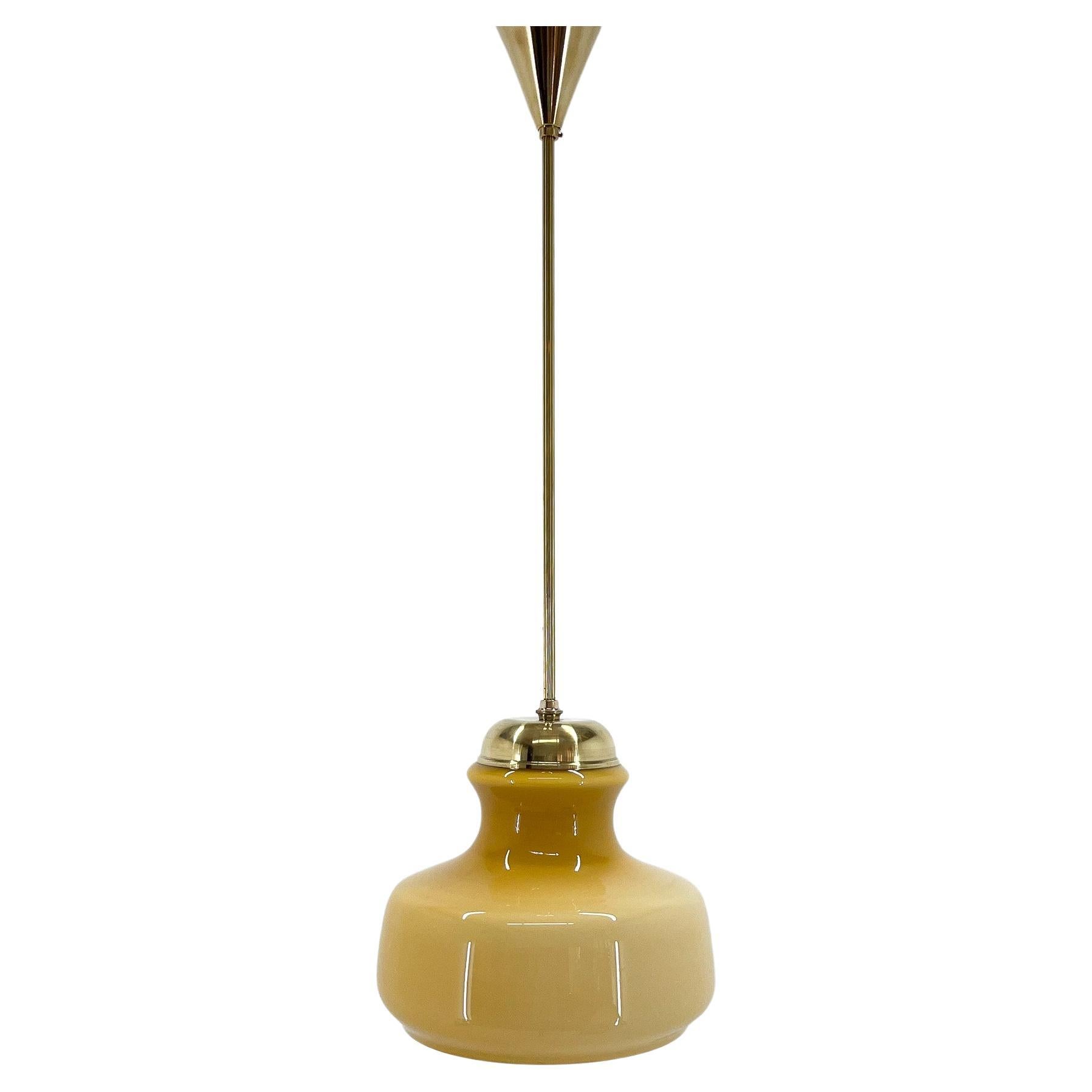 Mid-Century Brass & Glass Pendant Light, 1970s For Sale