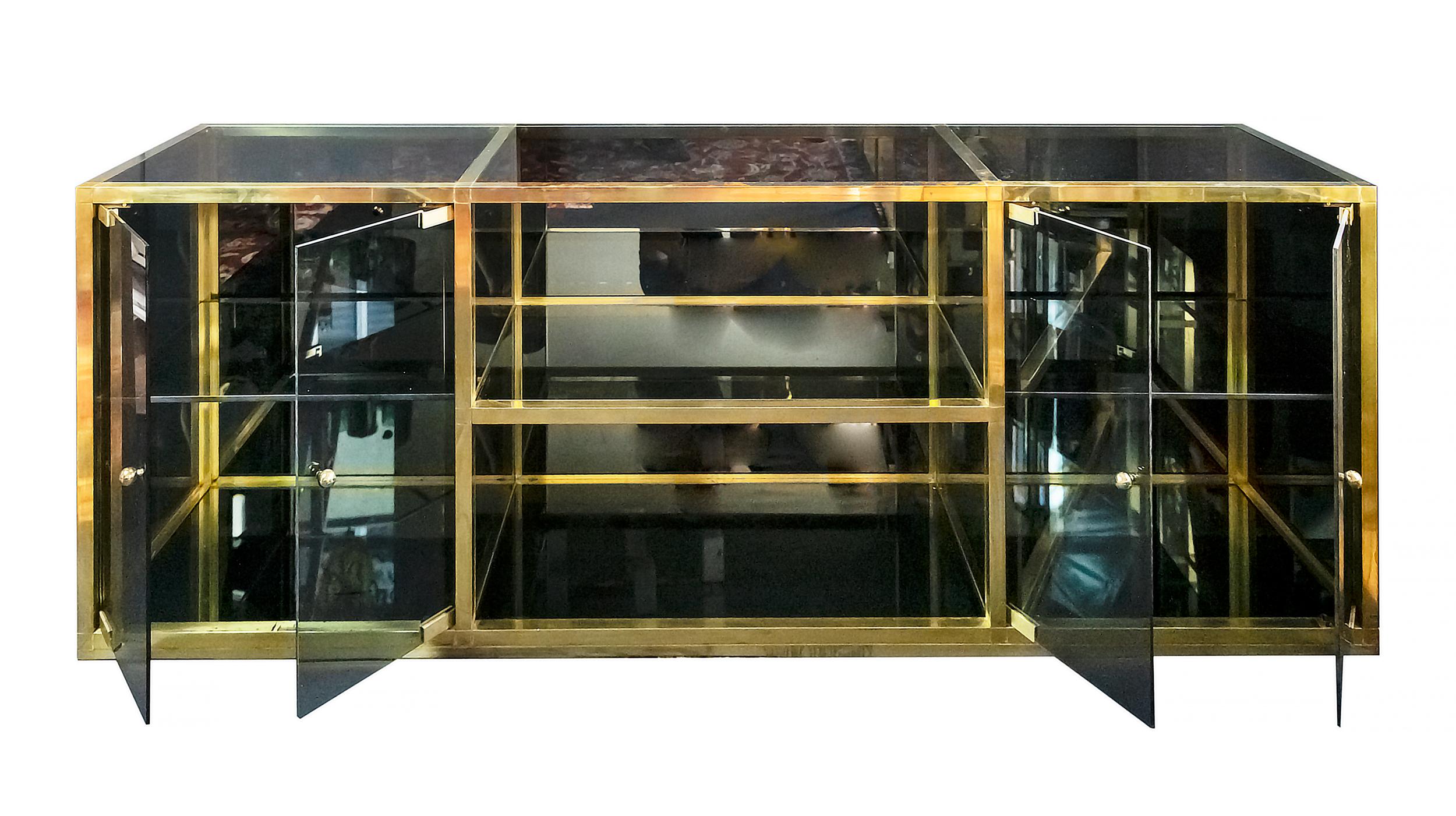 Mid-Century Brass, Glass Sideboard in the Style of Maison Jansen / Romeo Rega In Good Condition For Sale In Vilnius, LT