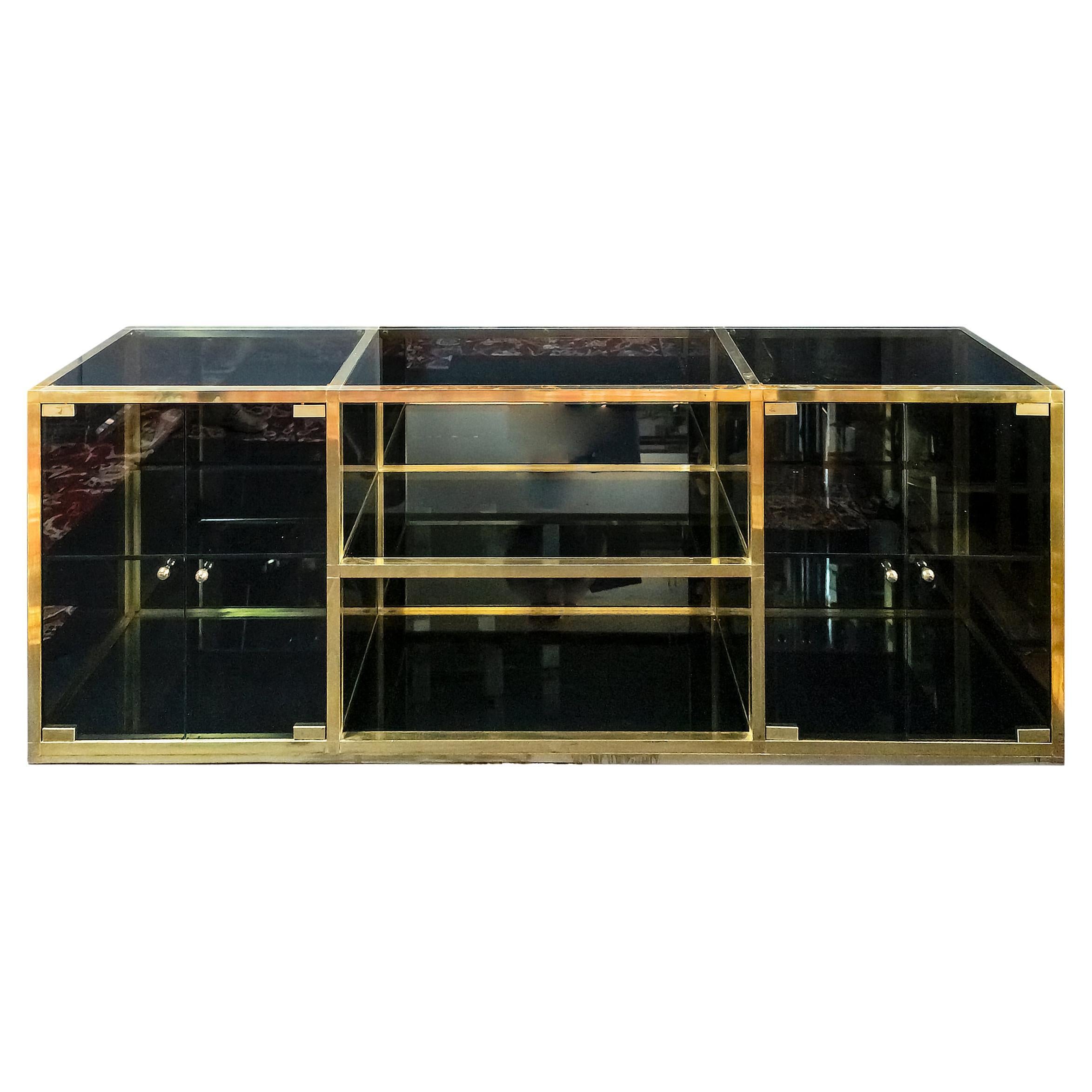 Mid-Century Brass, Glass Sideboard in the Style of Maison Jansen / Romeo Rega For Sale