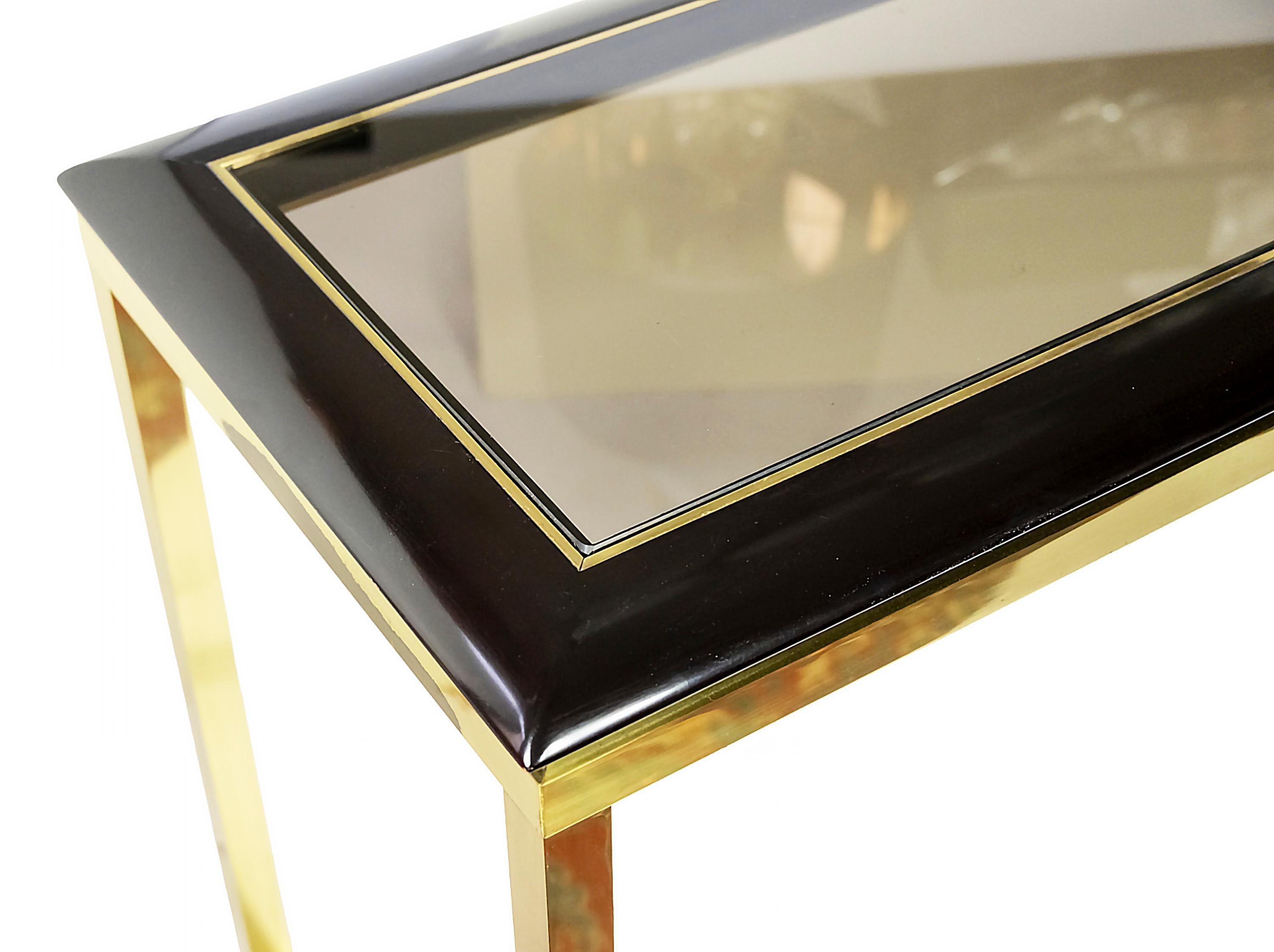 French Mid-Century Brass, Glass, Wood Console Table from 1970's