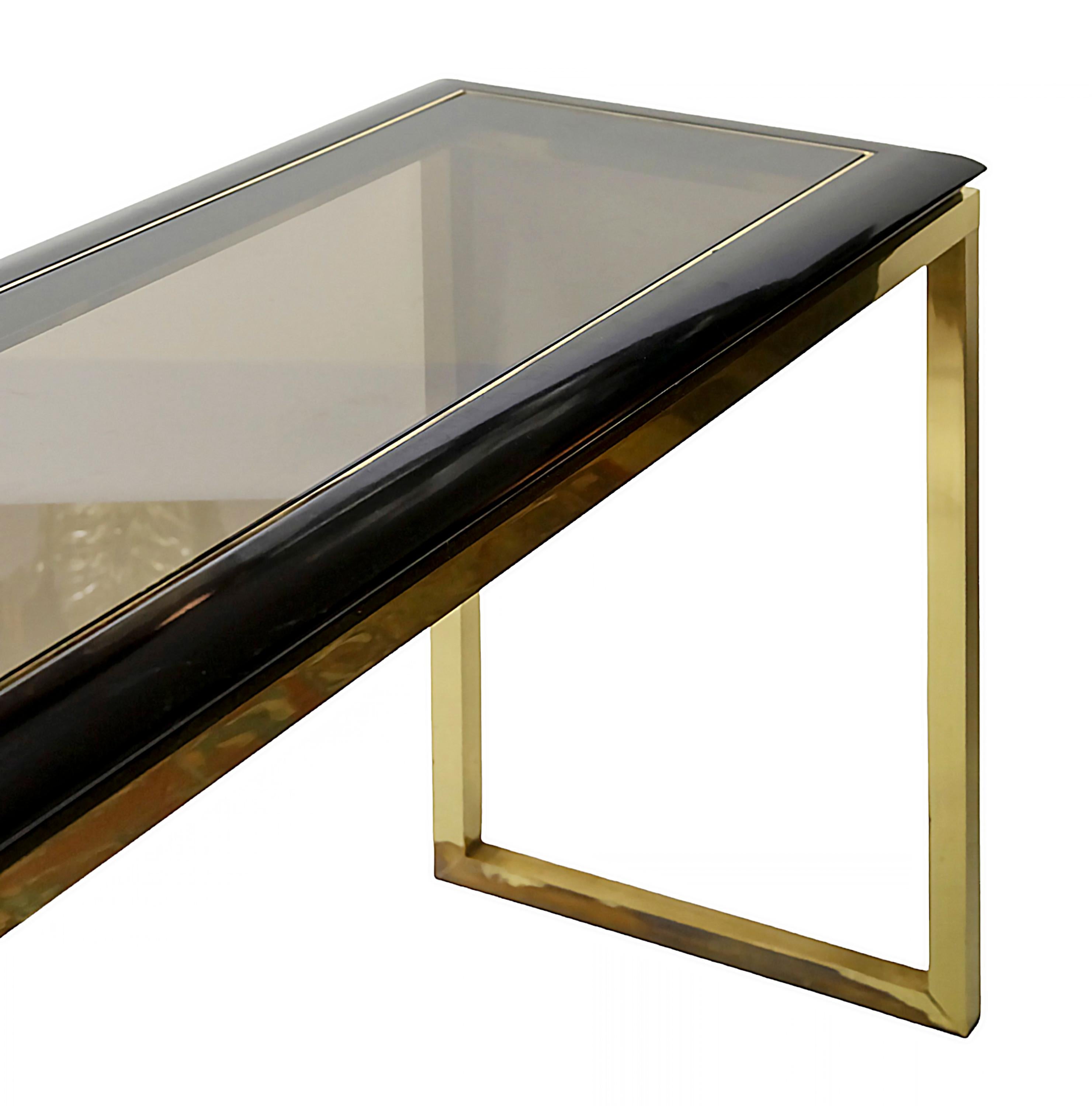 Mid-Century Brass, Glass, Wood Console Table from 1970's In Good Condition For Sale In Vilnius, LT