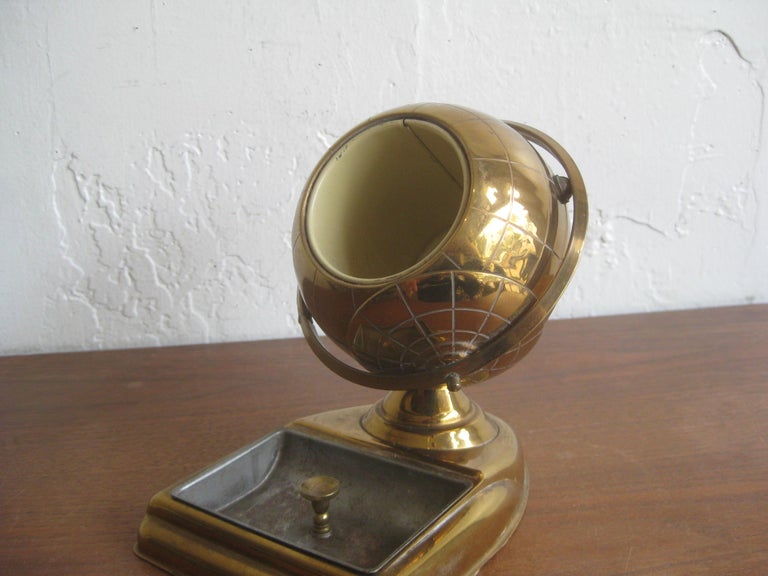 Mid Century Brass Globe Cigarette Holder and Ashtray Office Desk Accessory  Caddy For Sale at 1stDibs