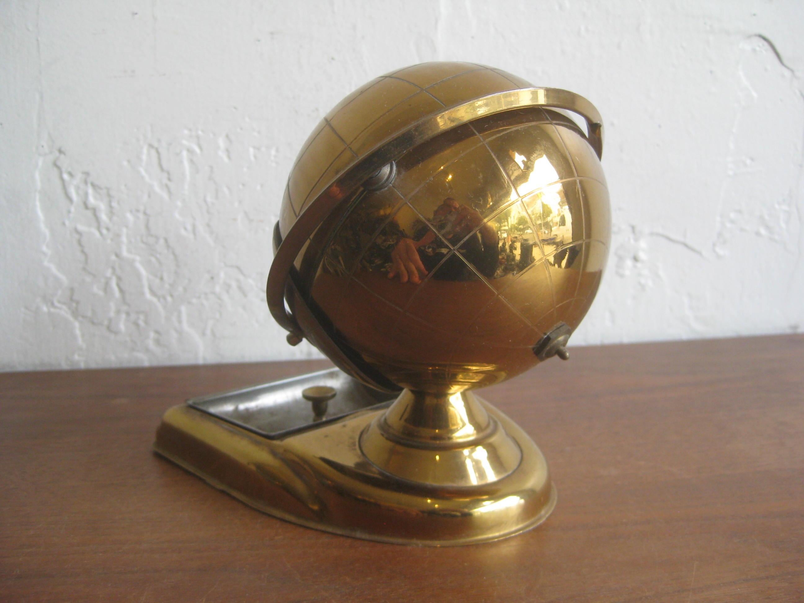 Mid Century Brass Globe Cigarette Holder & Ashtray Office Desk Accessory Caddy For Sale 5