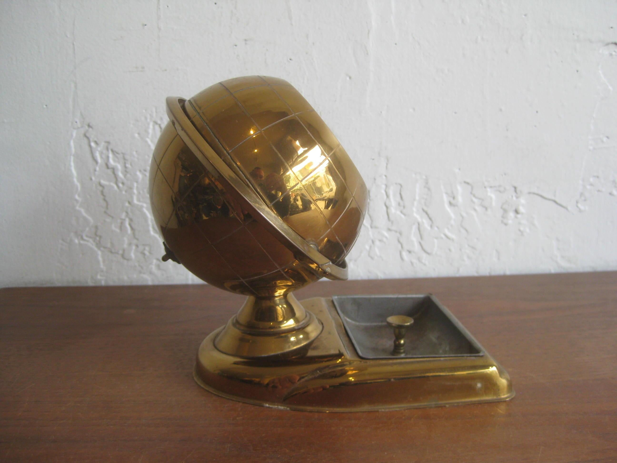 Mid Century Brass Globe Cigarette Holder & Ashtray Office Desk Accessory Caddy For Sale 6
